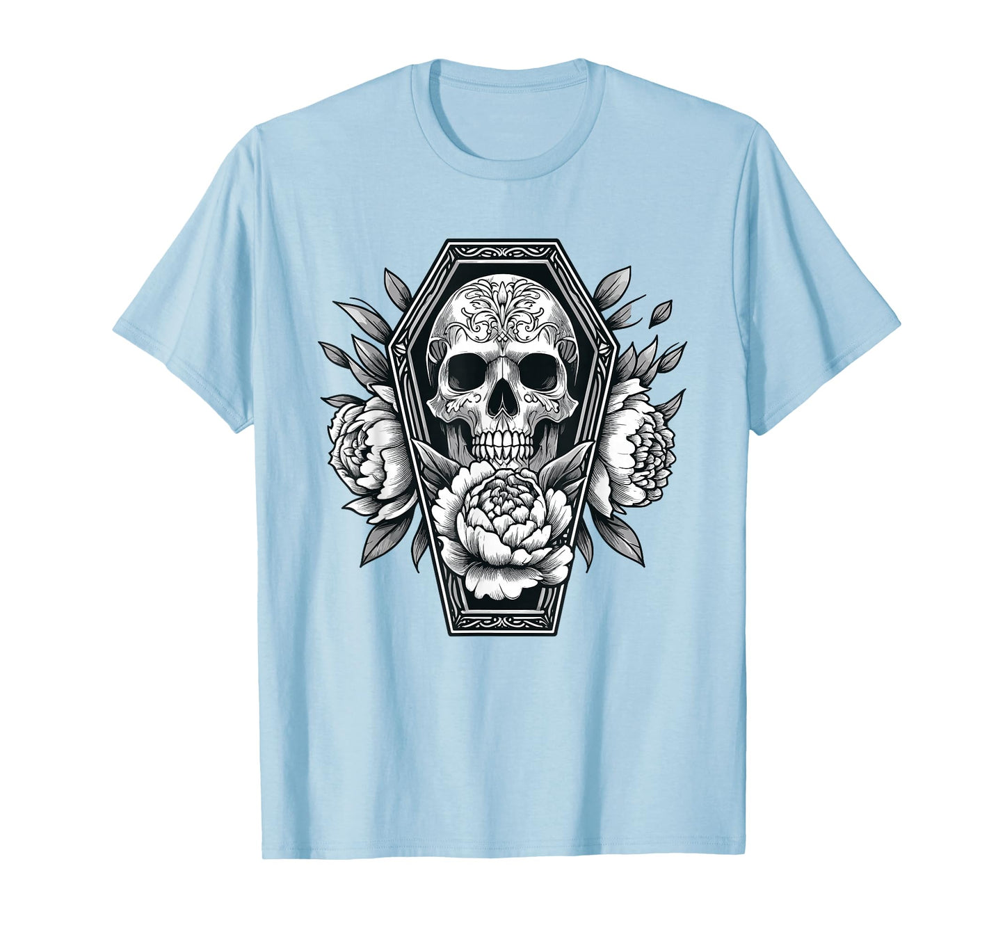 Goth Skull and Roses in Coffin Halloween Spooky Occult Pagan T-Shirt