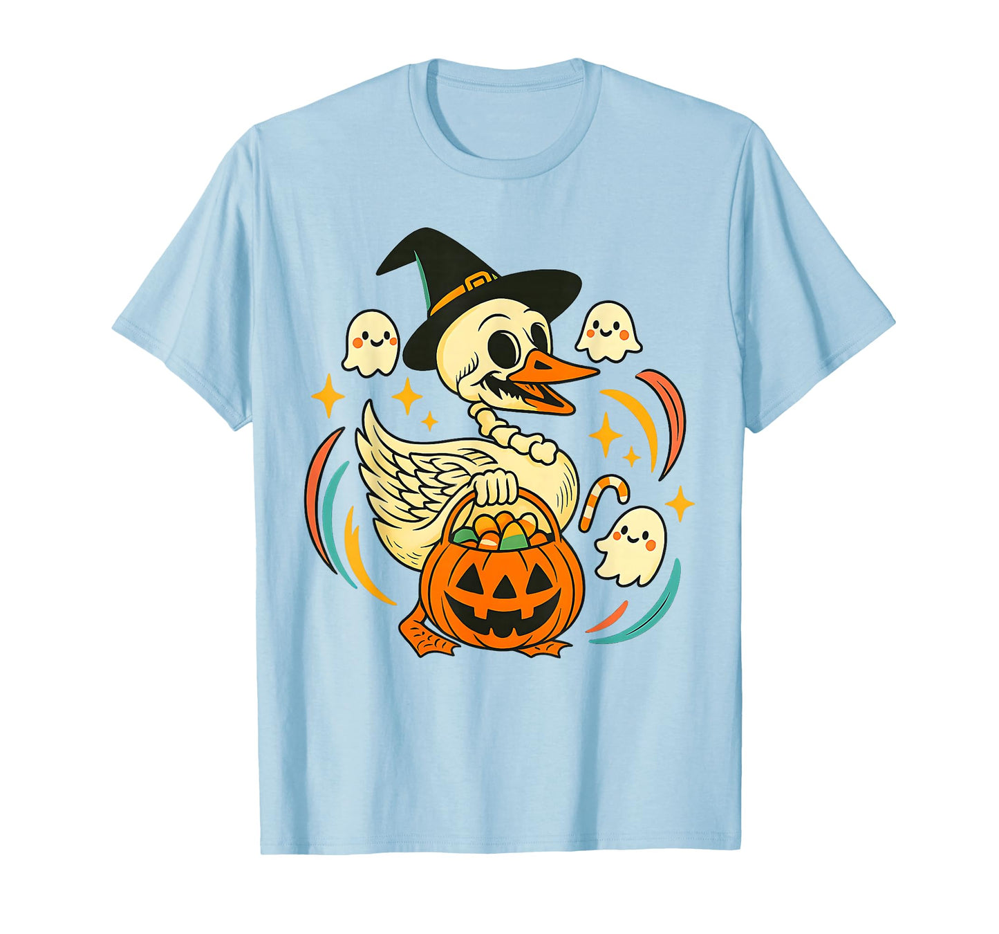 Halloween Goose Skeleton with Witch Hat Pumpkin Candy Bucket T-Shirt