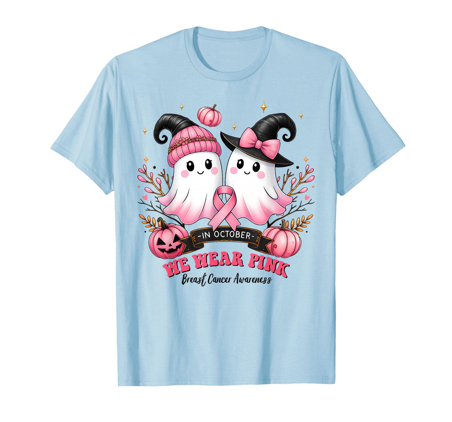 in October We Wear Pink Ghost Witch Breast Cancer Awareness T-Shirt
