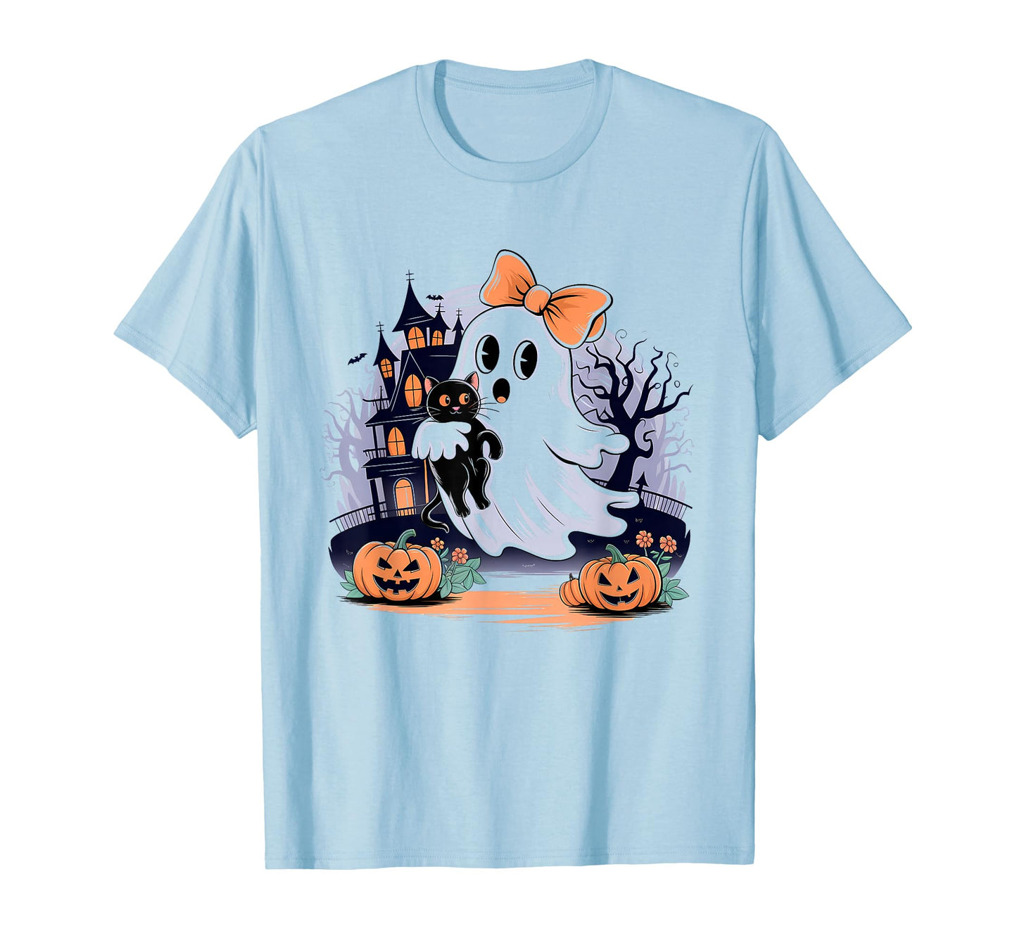 Halloween Ghost Holding Black Cat Groovy Men Women & Youths T-Shirt