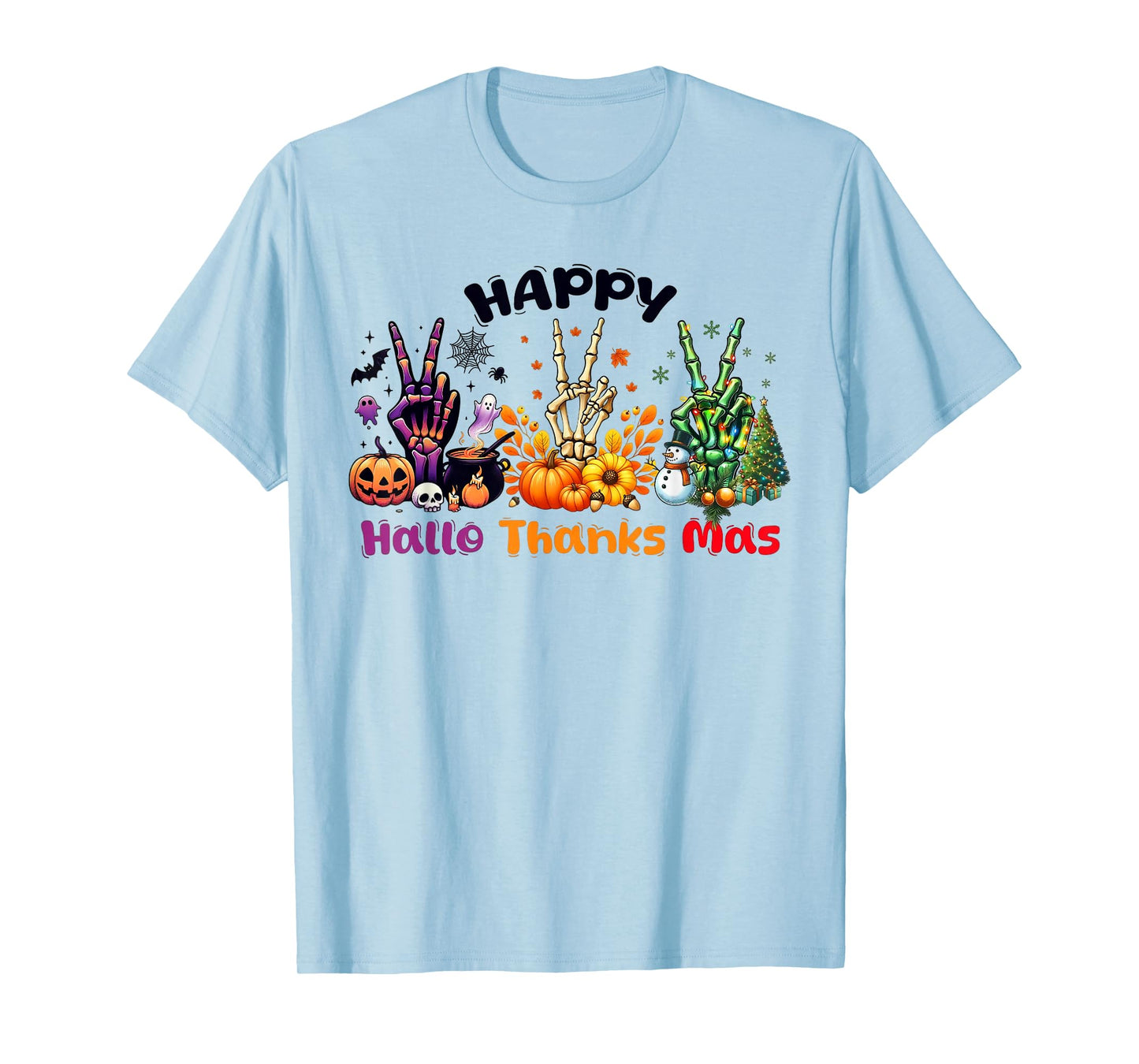 Happy HalloThanksMas Skeleton Hand Peace Sign Holiday Mashup T-Shirt