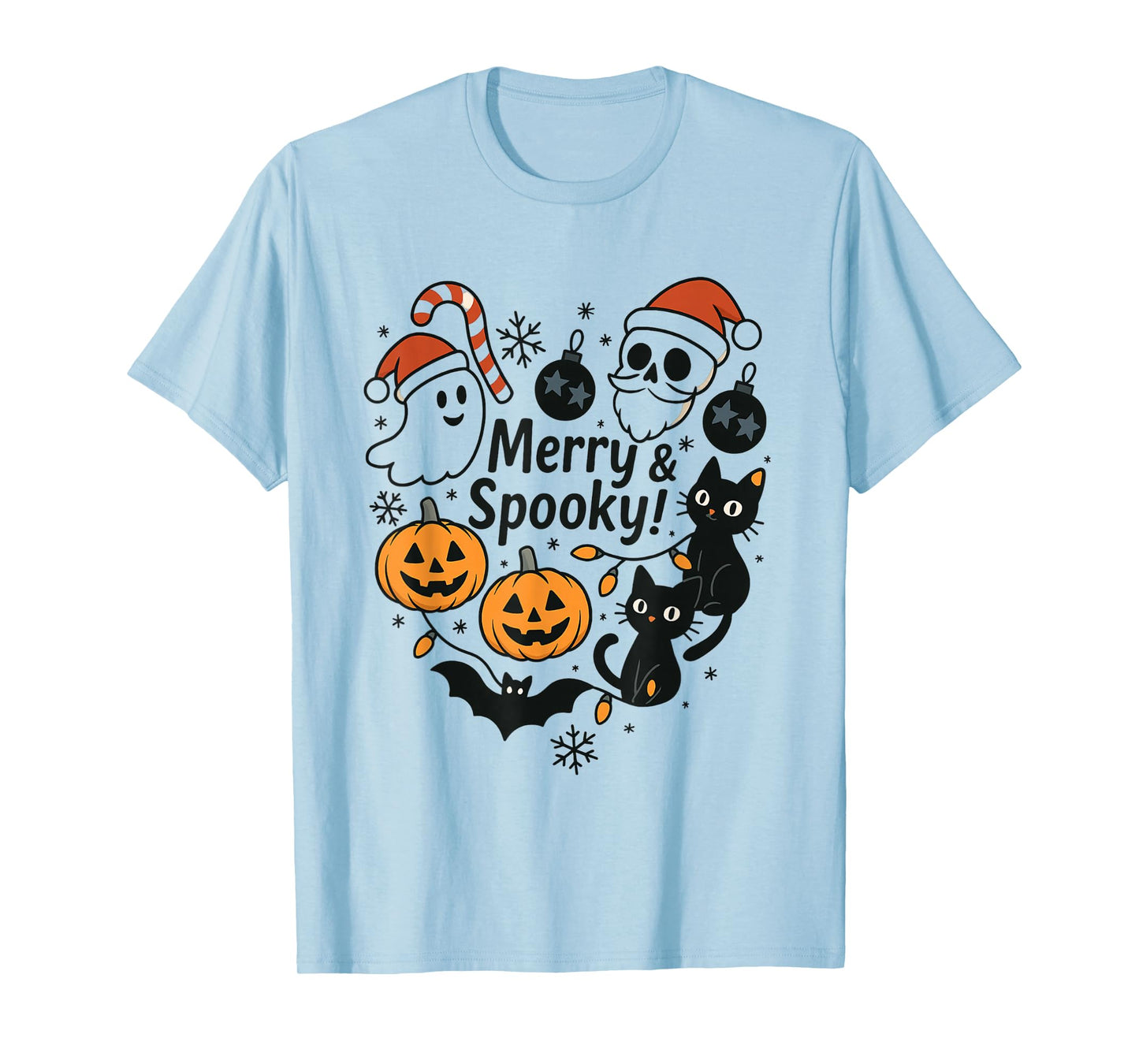 Merry Spooky Halloween Christmas Cute Cats Pumpkins Skulls T-Shirt
