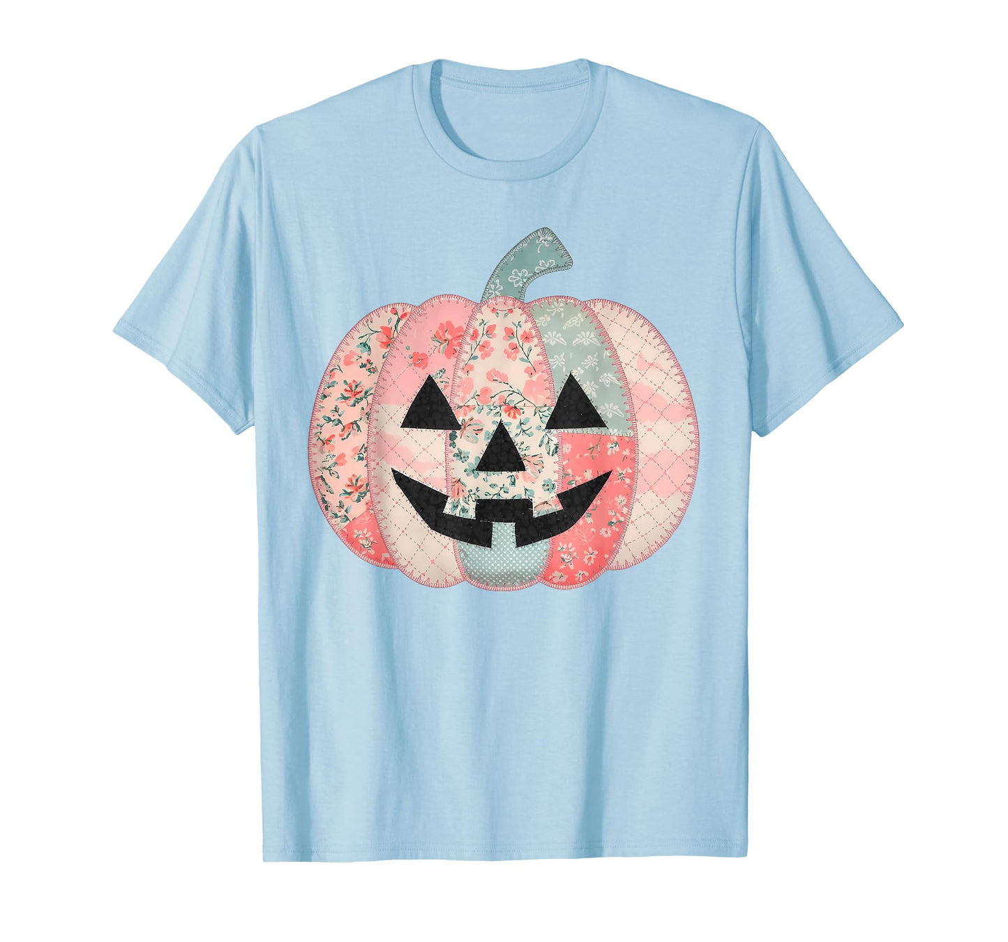 Preppy Pink Floral Patchwork Pumpkin Autumn Fall Halloween T-Shirt