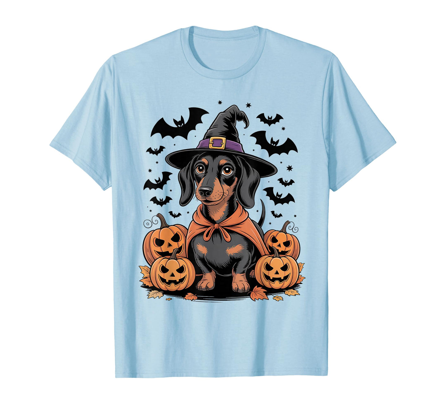 Halloween Dachshund Dog in Witch Hat with Pumpkins and Bats T-Shirt