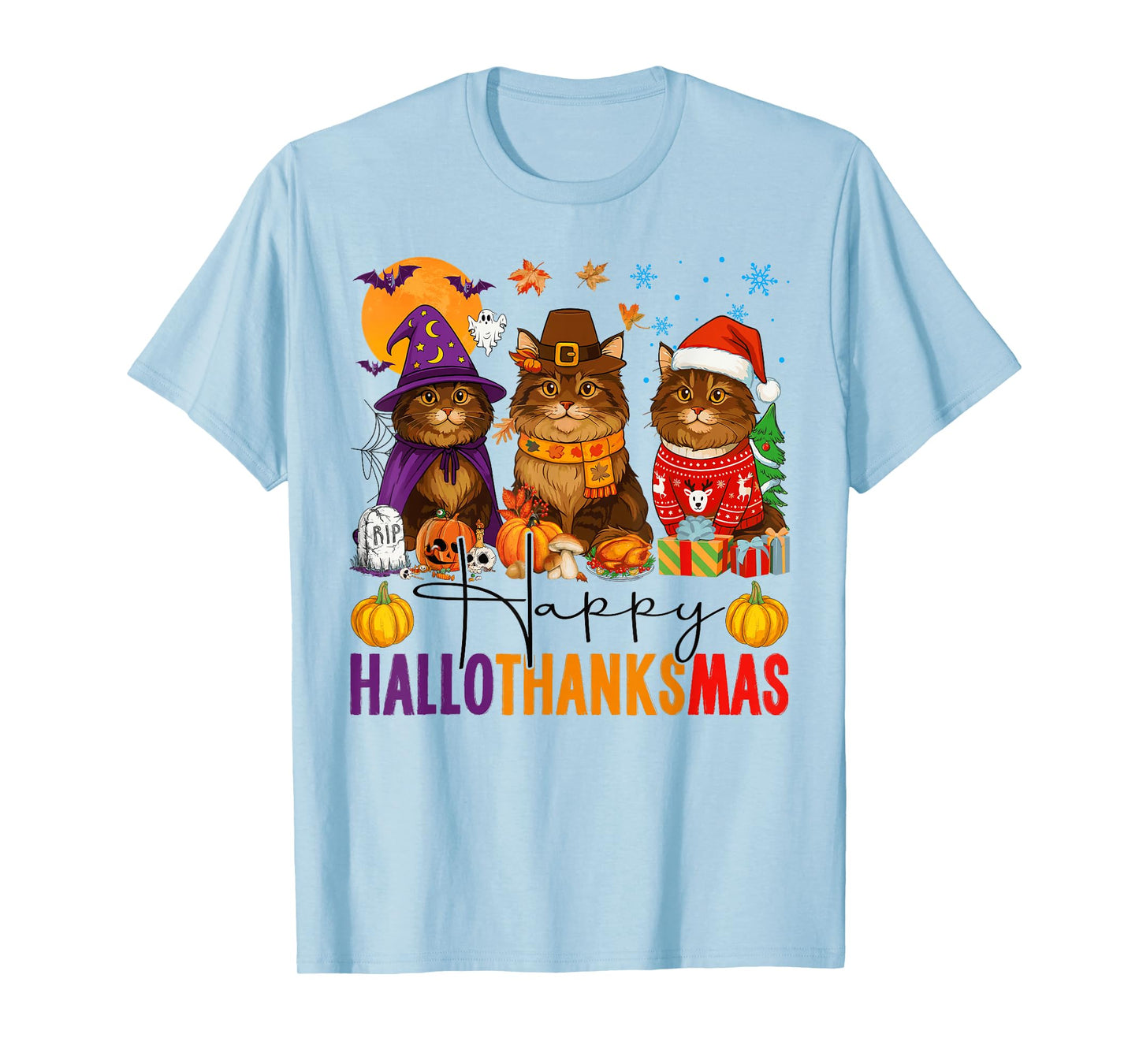 Happy Hallothanksmas Maine Coon Cats Halloween Thanksgiving T-Shirt