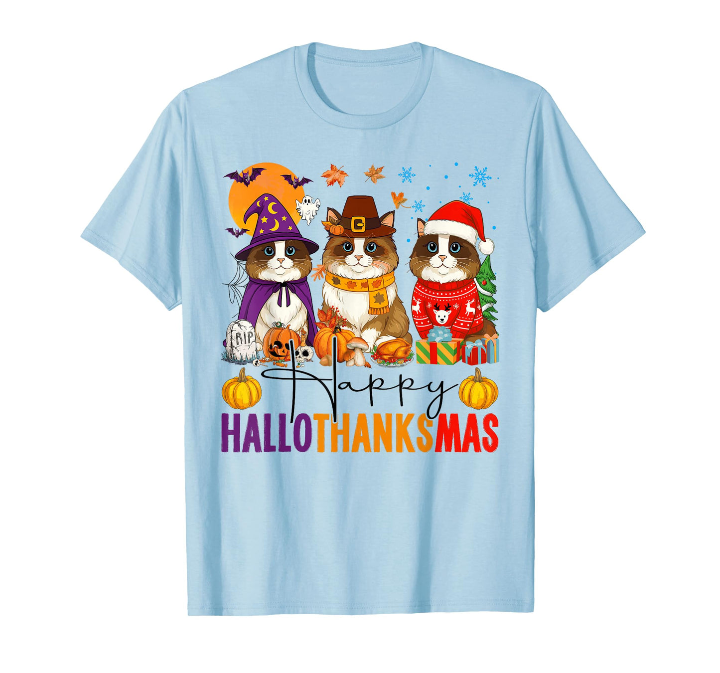 Happy Hallothanksmas Ragdoll Cats Halloween Thanksgiving T-Shirt