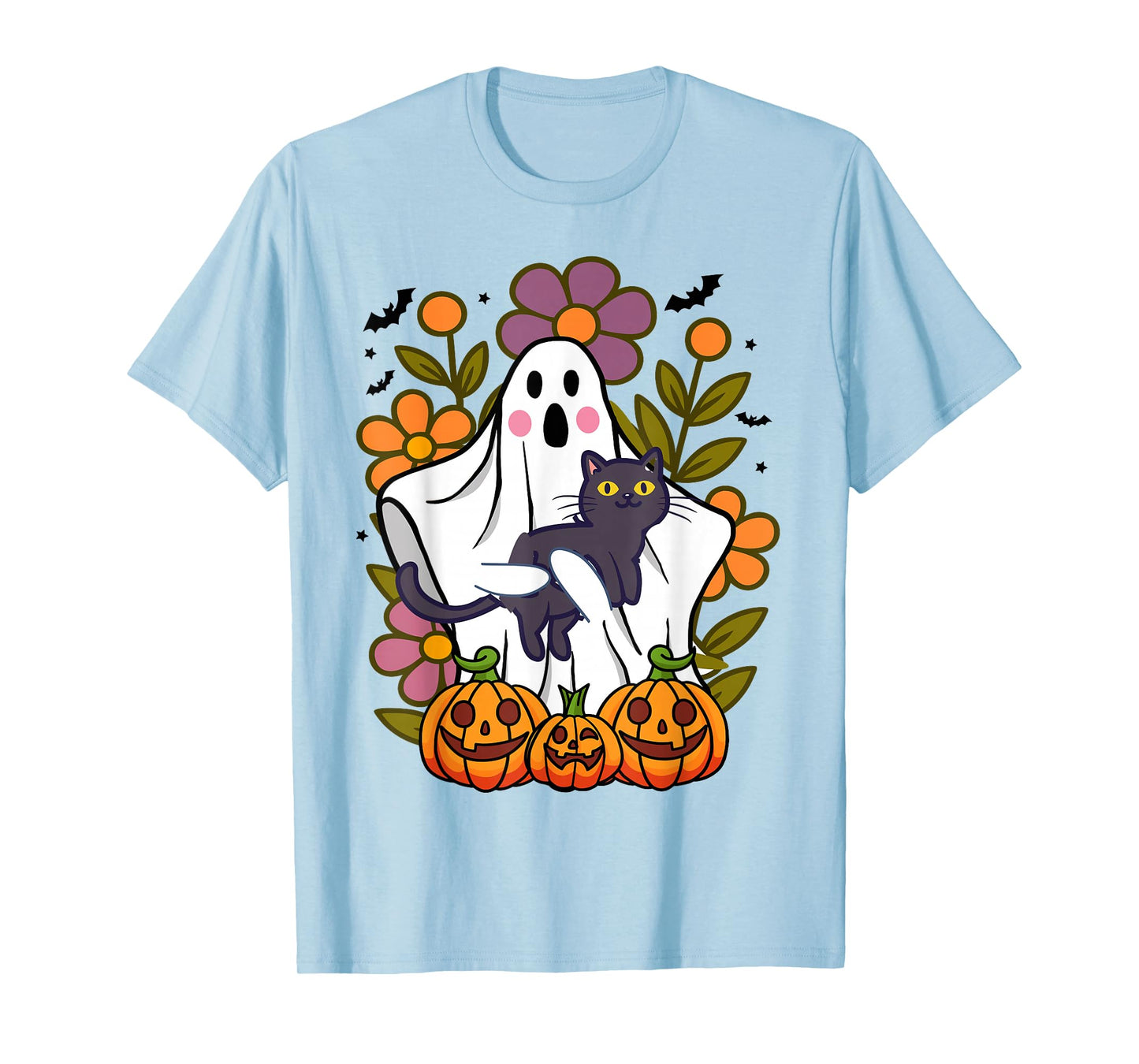 Funny Floral Ghost with Cat Vintage Pumpkin Fall Halloween T-Shirt