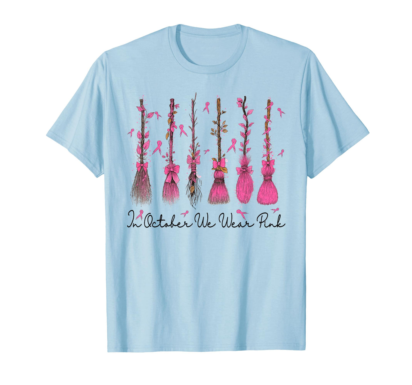 Breast Cancer Halloween in October We Wear Pink Witch Broom T-Shirt