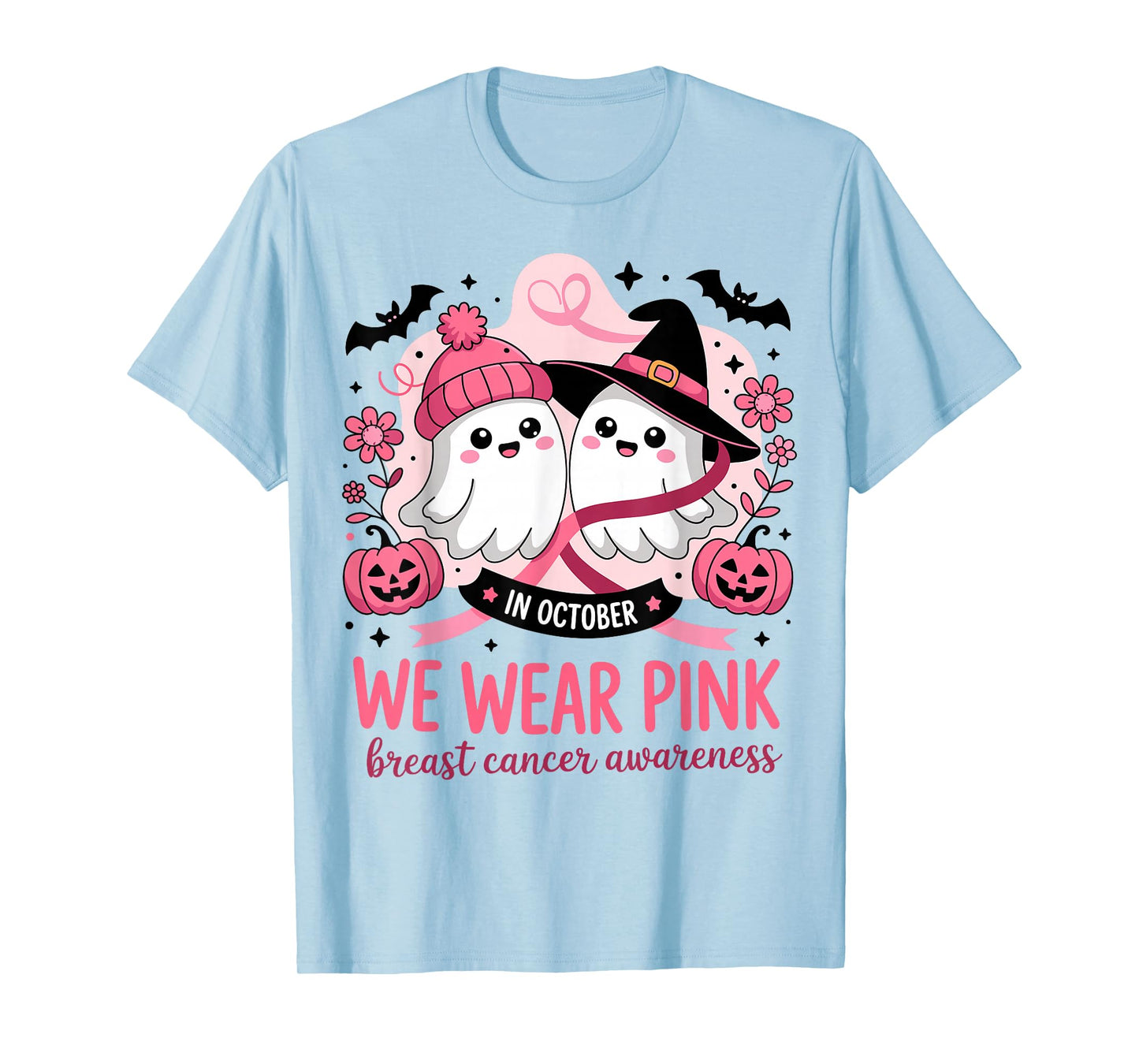 in October We Wear Pink Ghost Witch Breast Cancer Awareness T-Shirt