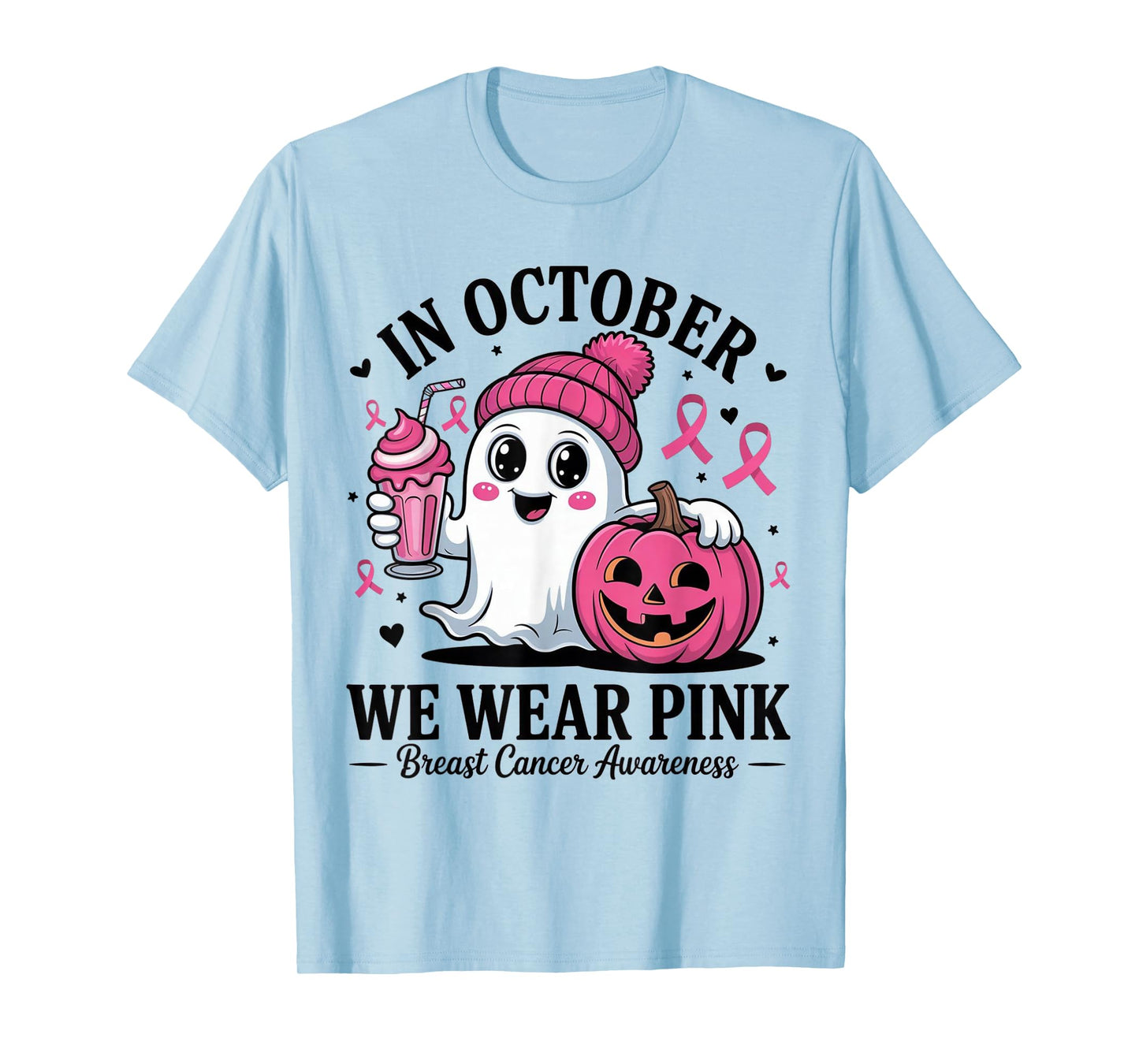 in October We Wear Pink Witch Ghost Pumpkin Breast Cancer T-Shirt