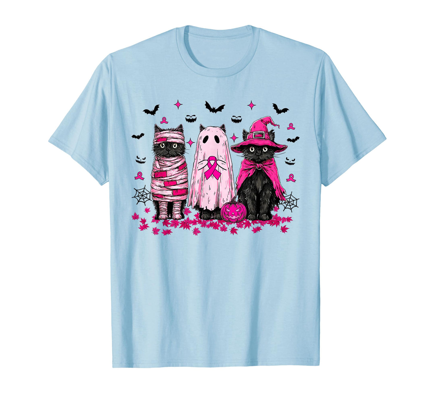 Ghost and Witch Black Cat Retro Halloween Breast Cancer T-Shirt