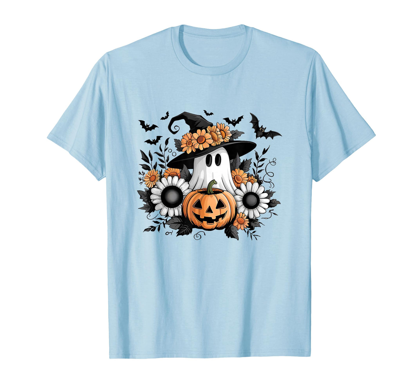 Vintage Floral Ghost Halloween Pumpkin Ghost Witch Womens T-Shirt