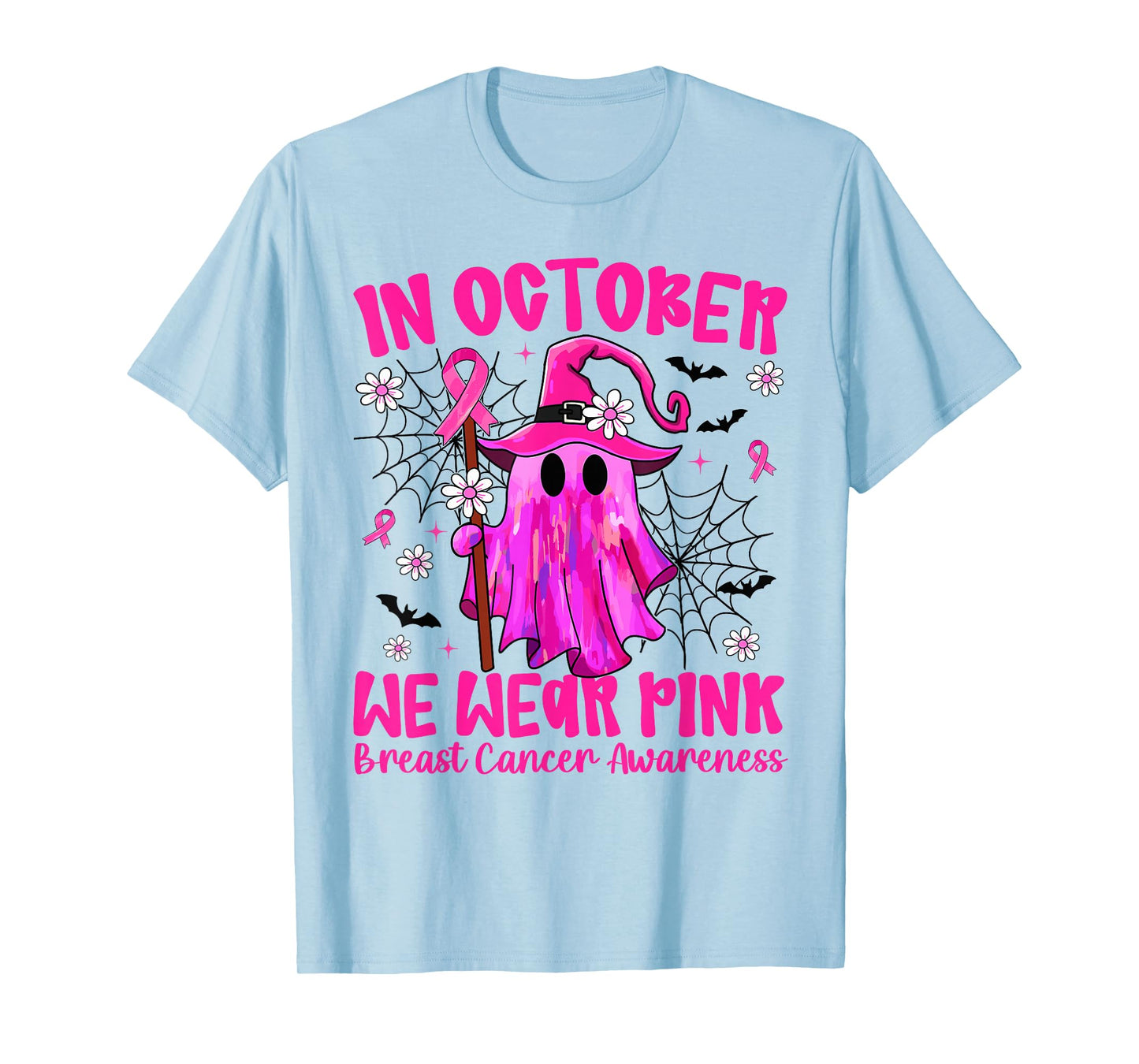 in October We Wear Pink Ghost Witch Breast Cancer Awareness T-Shirt