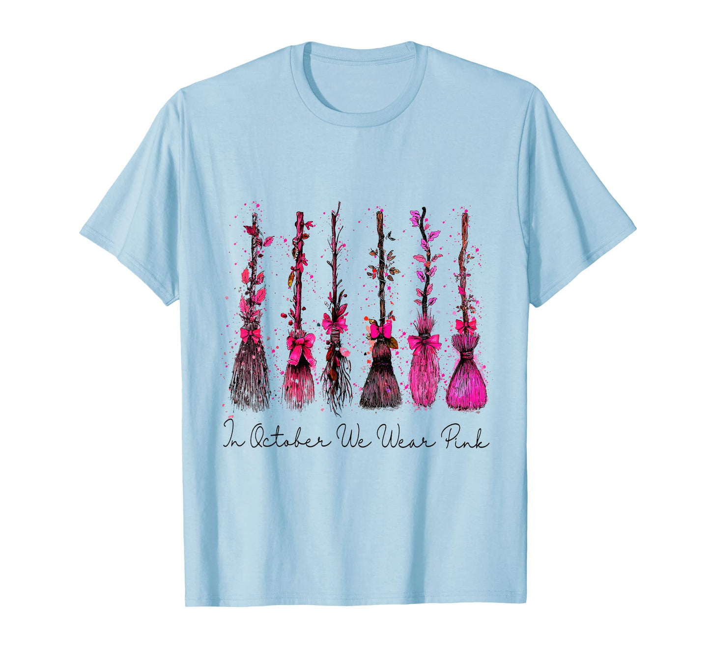 in October We Wear Pink Witch Broom Breast Cancer Awareness T-Shirt