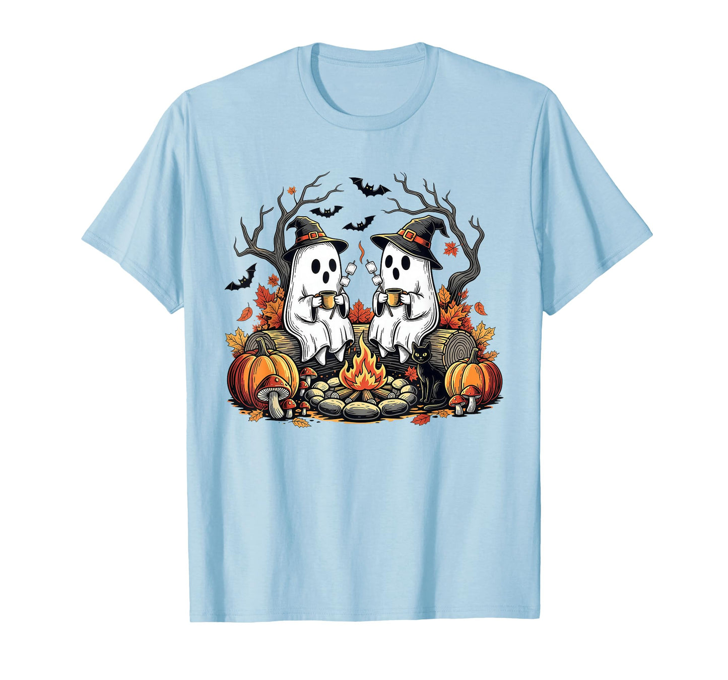 Cute Ghosts Camping Campfire Mashmallow Spooky Halloween T-Shirt