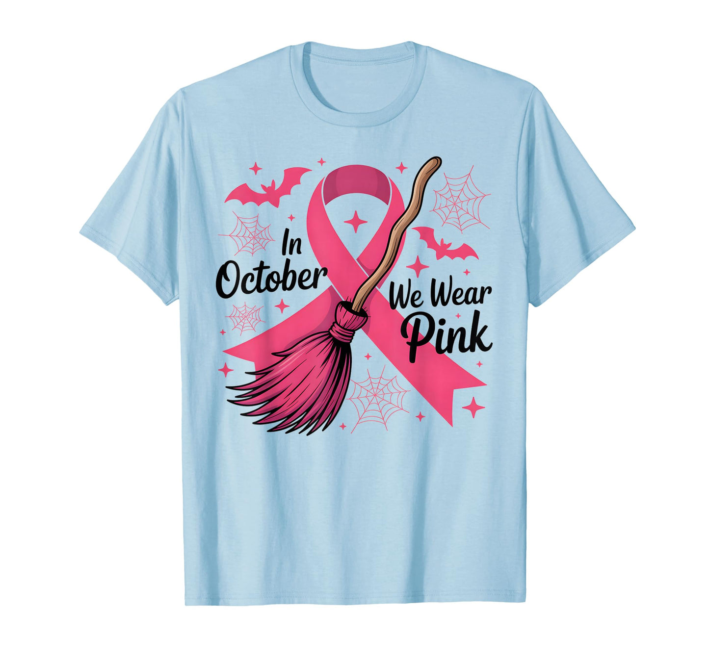in October We Wear Pink Witch Broom Breast Cancer Halloween T-Shirt
