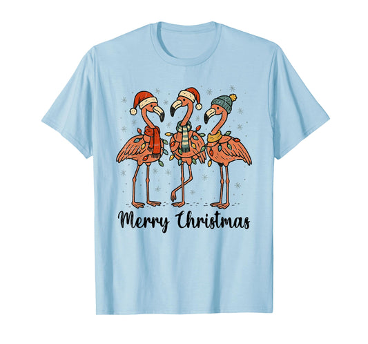 Merry Christmas Pink Flamingo Santa Hat Matching Family Xmas T-Shirt