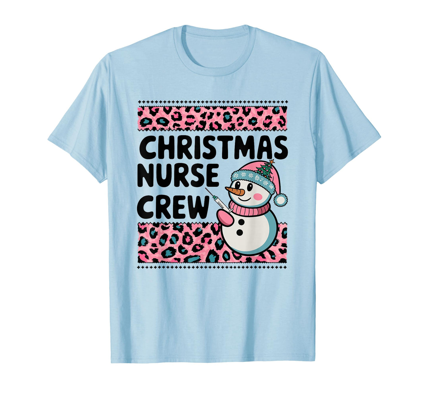 Nurse Christmas Crew Snowman Pink Leopard Print T-Shirt