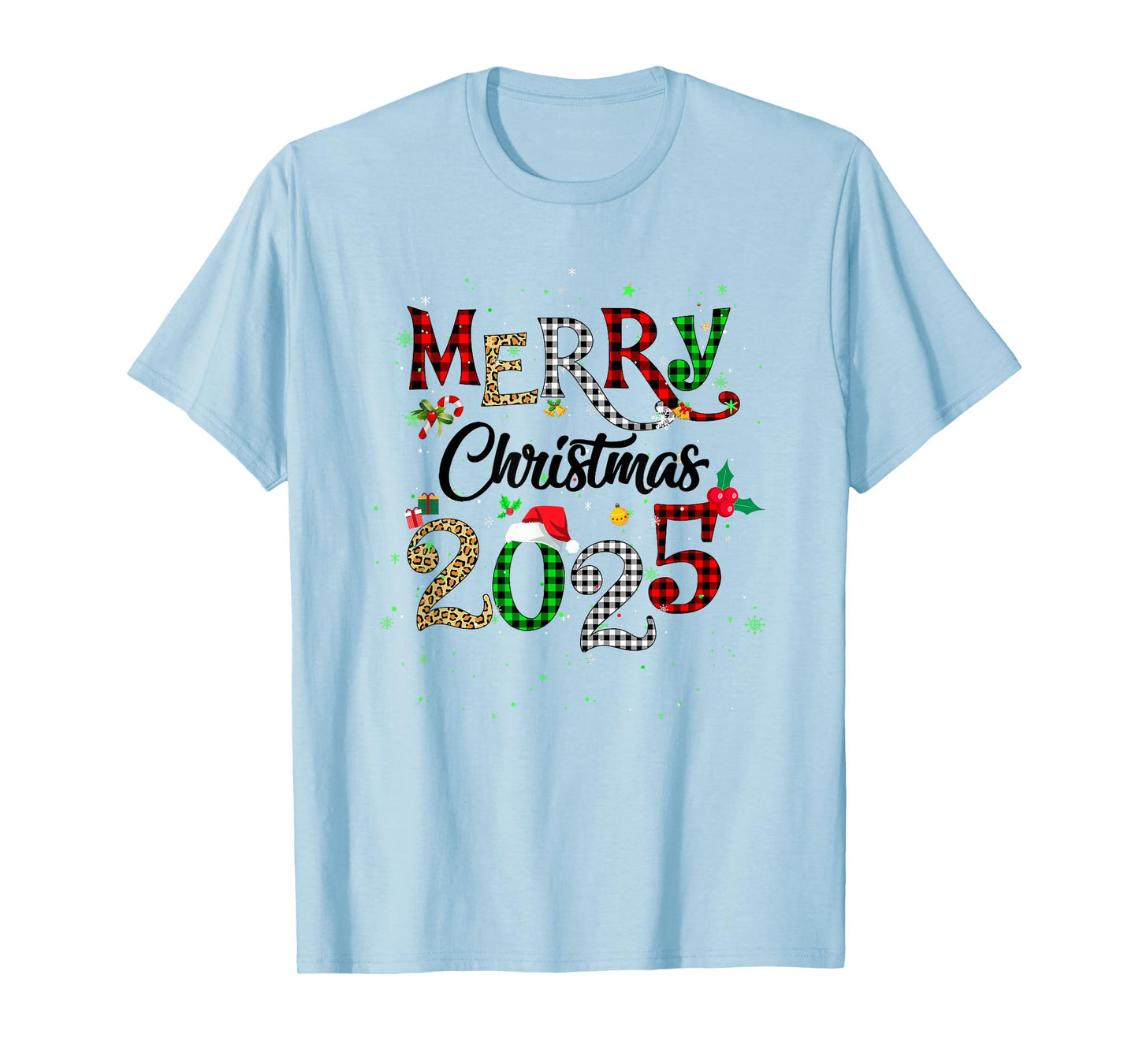 Merry Christmas 2025 Leopard Buffalo Plaid Red Green Xmas T-Shirt