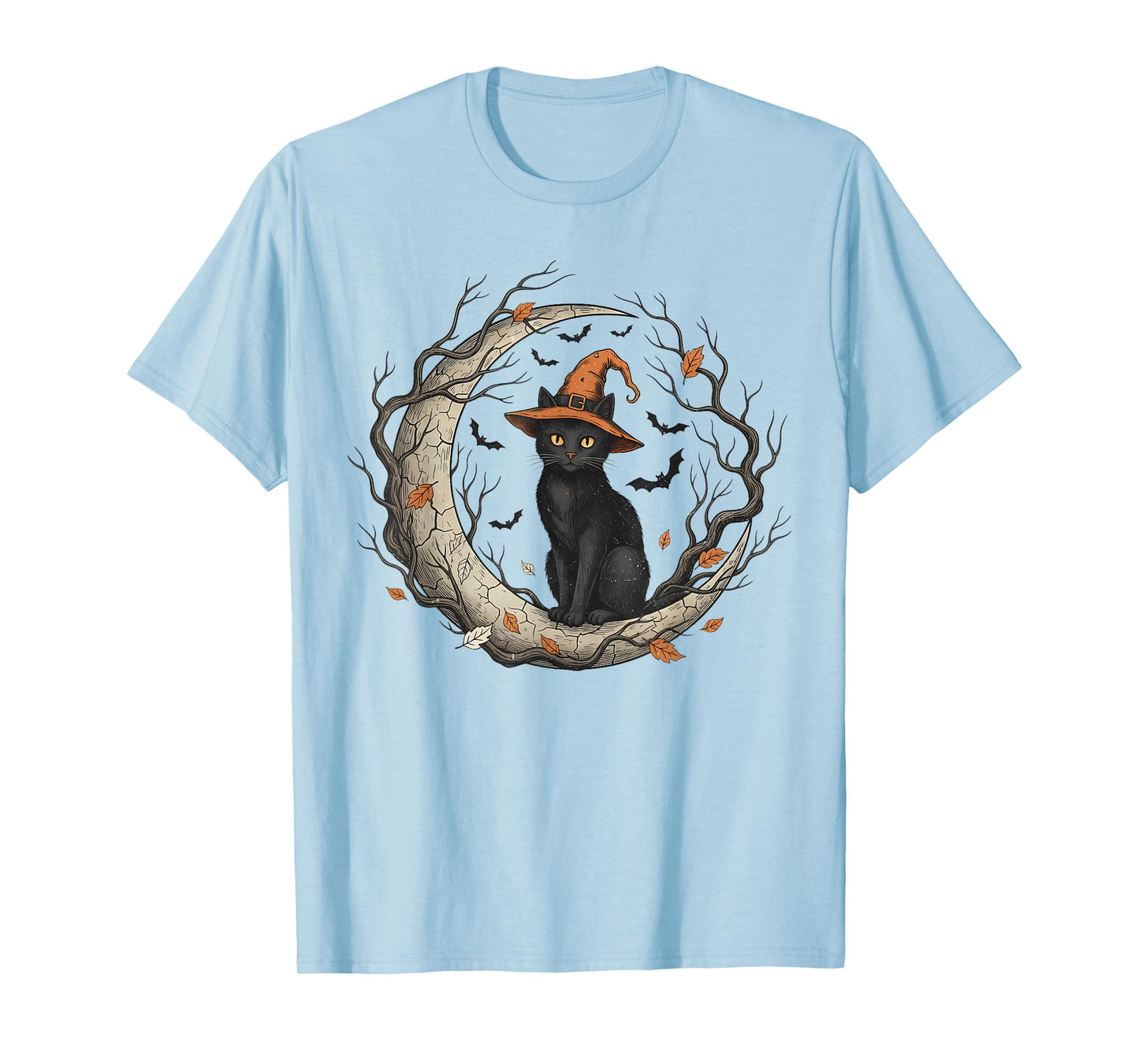 Funny Cat Witch Halloween Fall Vintage Moon Costume Tee T-Shirt