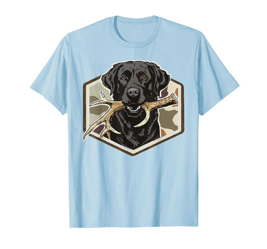 Dog Black Lab with Deer Antler Camouflage Hunting Season T-Shirt