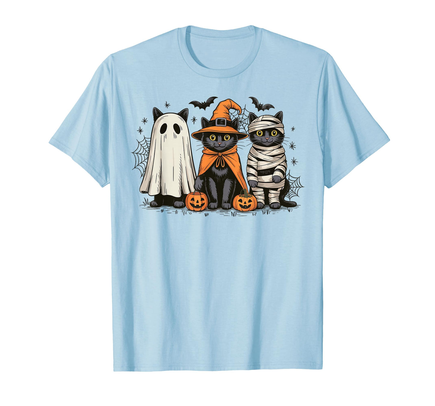Retro Three Black Cats Witch Pumpkin Scary Halloween Costume T-Shirt