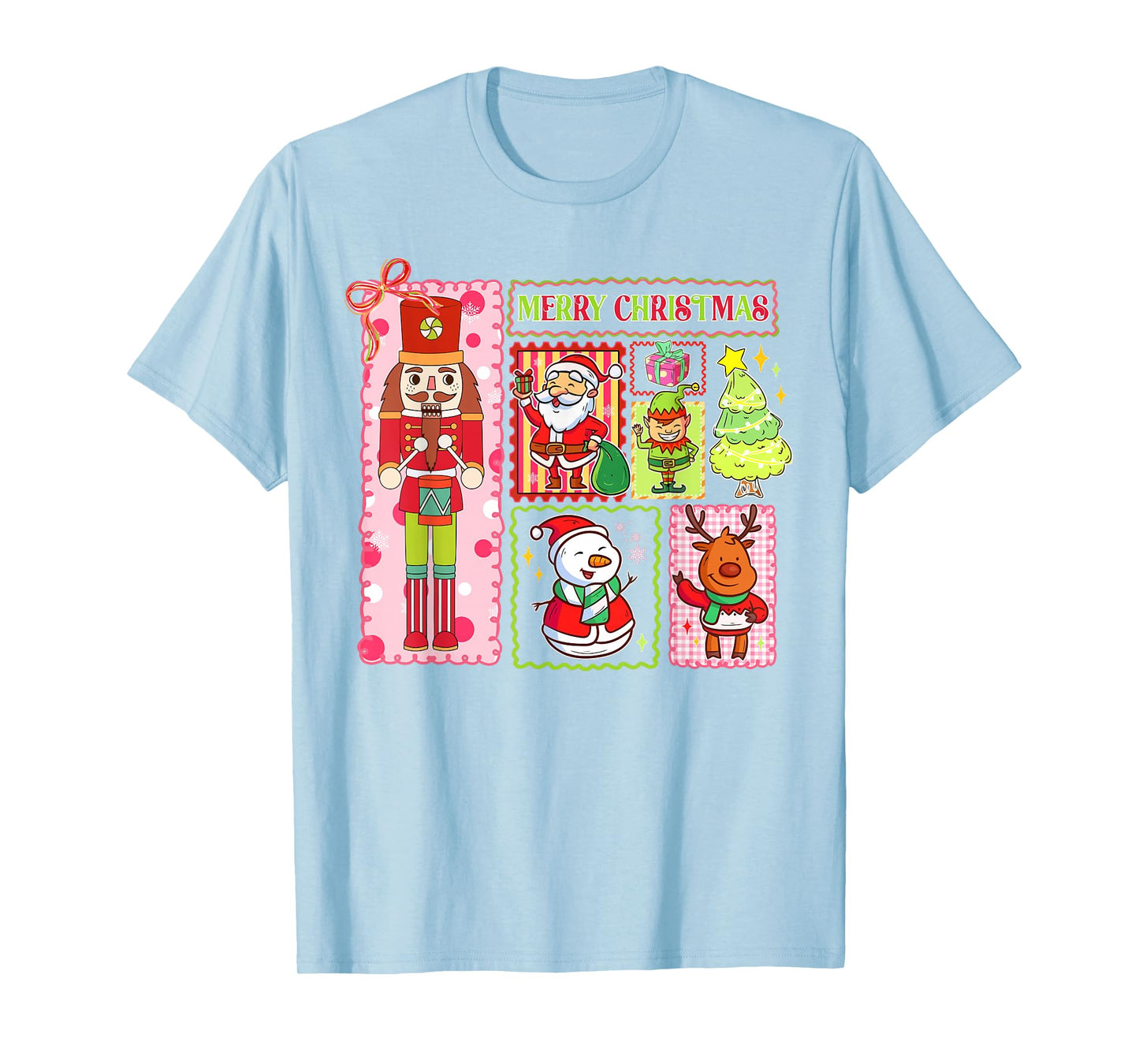 Retro Patchwork Merry Christmas Nutcracker Santa Xmas T-Shirt