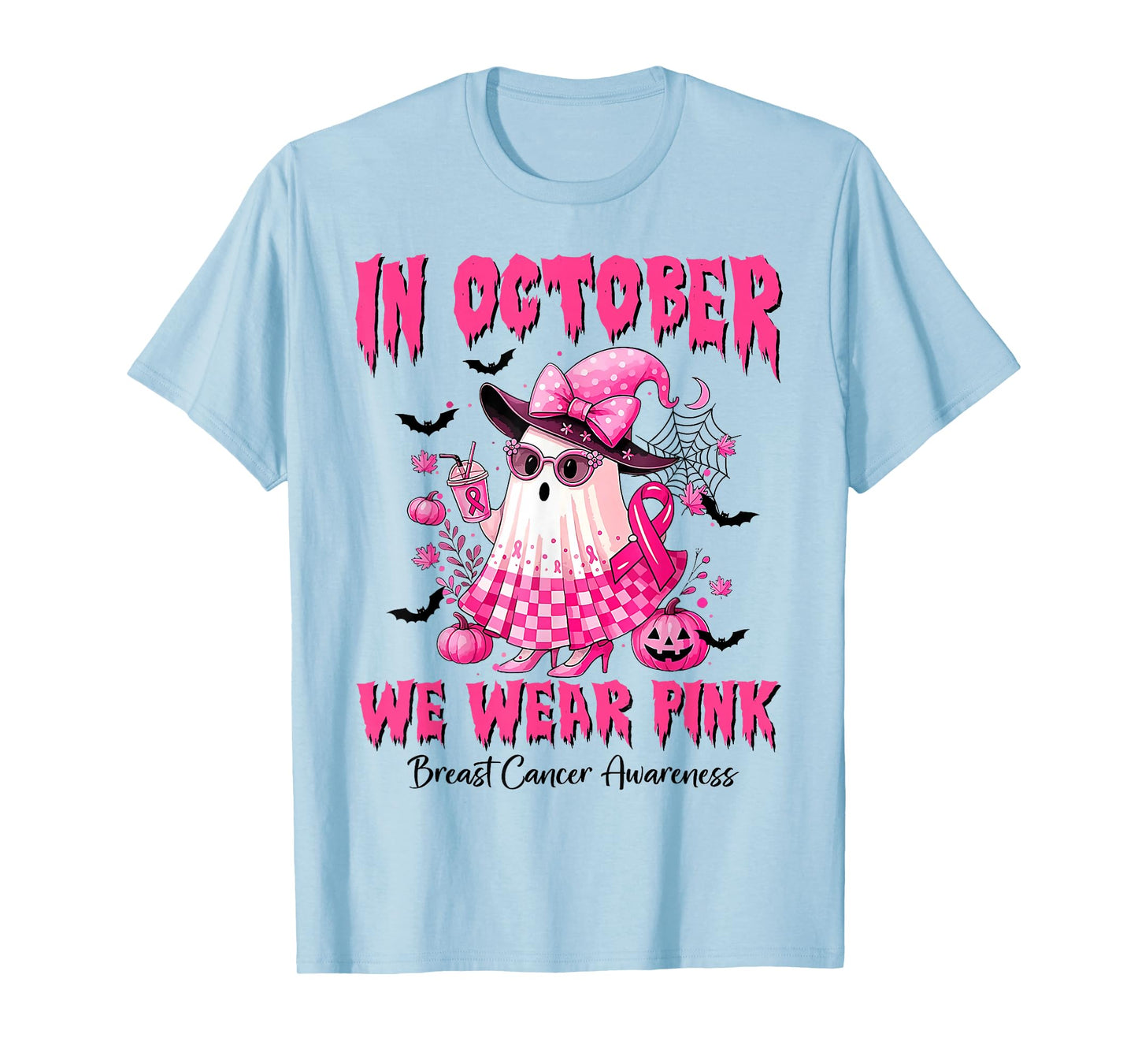 in October We Wear Pink Ghost Witch Breast Cancer Awareness T-Shirt