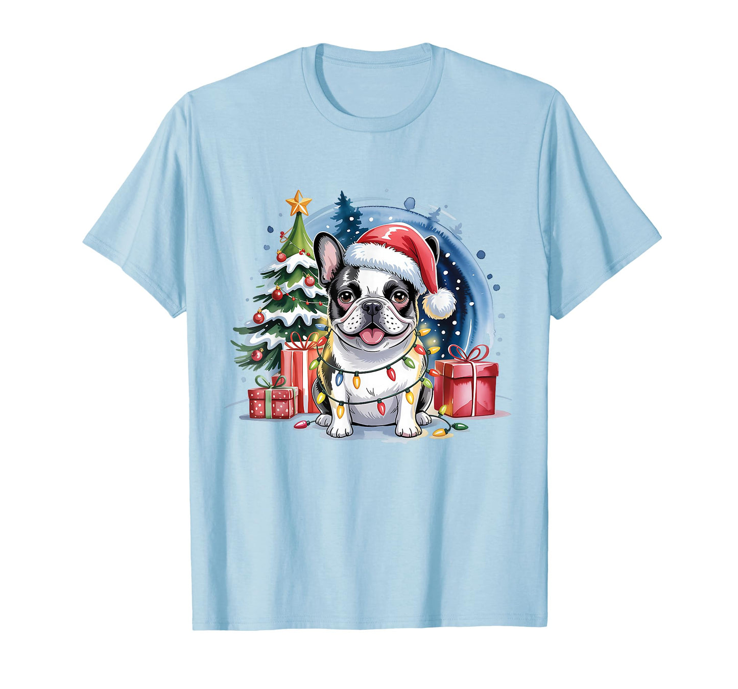 Festive French Bulldog Christmas Santa Hat and Lights T-Shirt