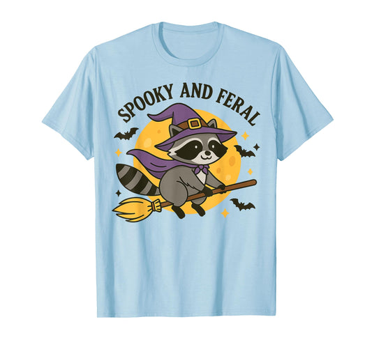 Feral & Spooky Cute Witch Raccoon On Broom Hallowen T-Shirt