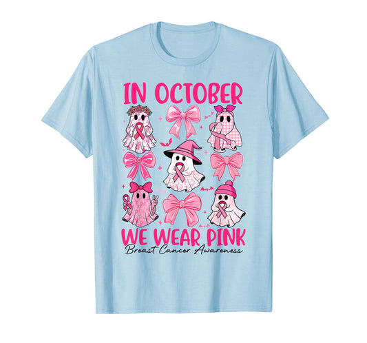 in October We Wear Pink Ghost Witch Breast Cancer Awareness T-Shirt
