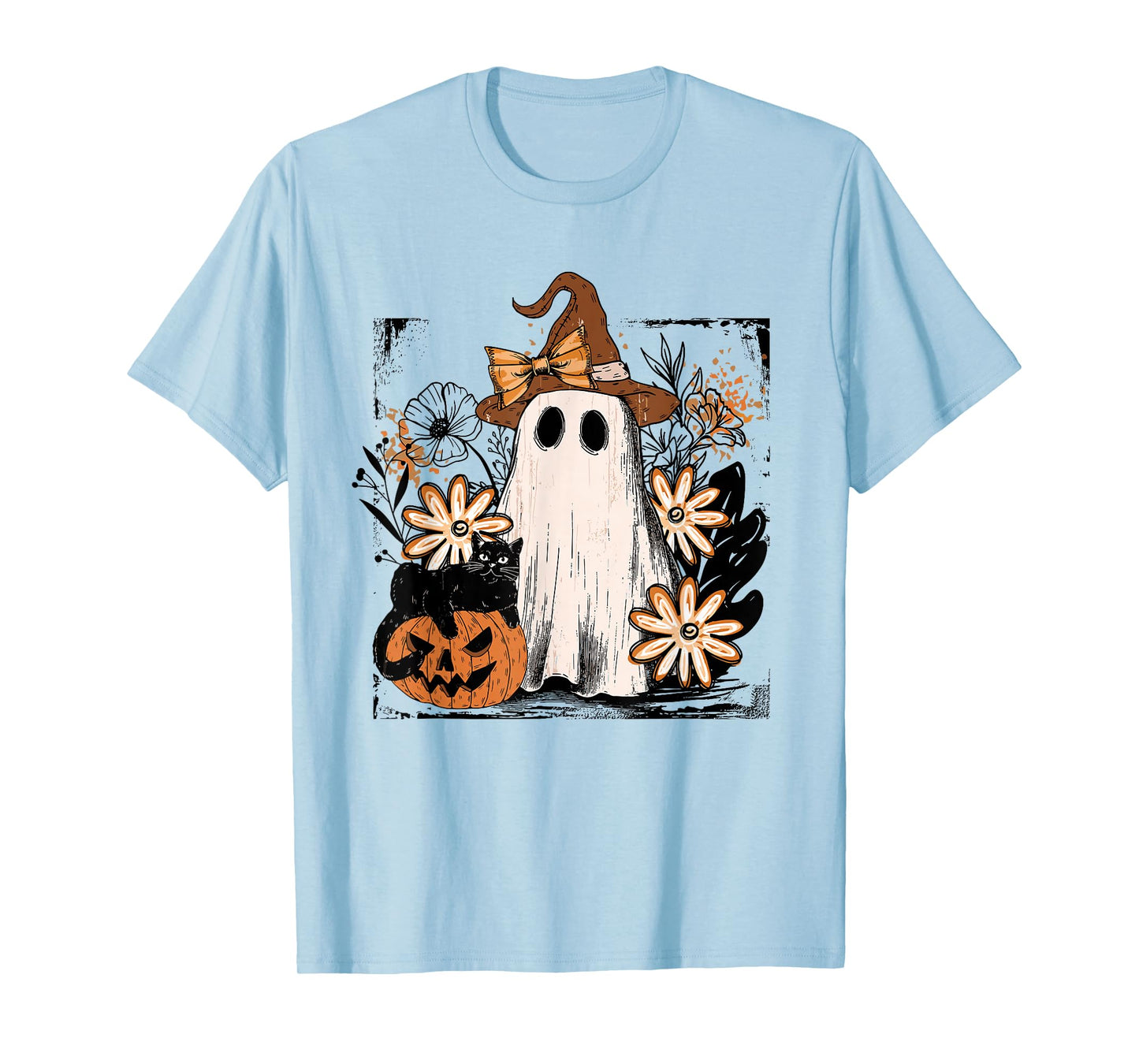 Coquette Floral Ghost Halloween Black Cat Ghost Autum Fall T-Shirt