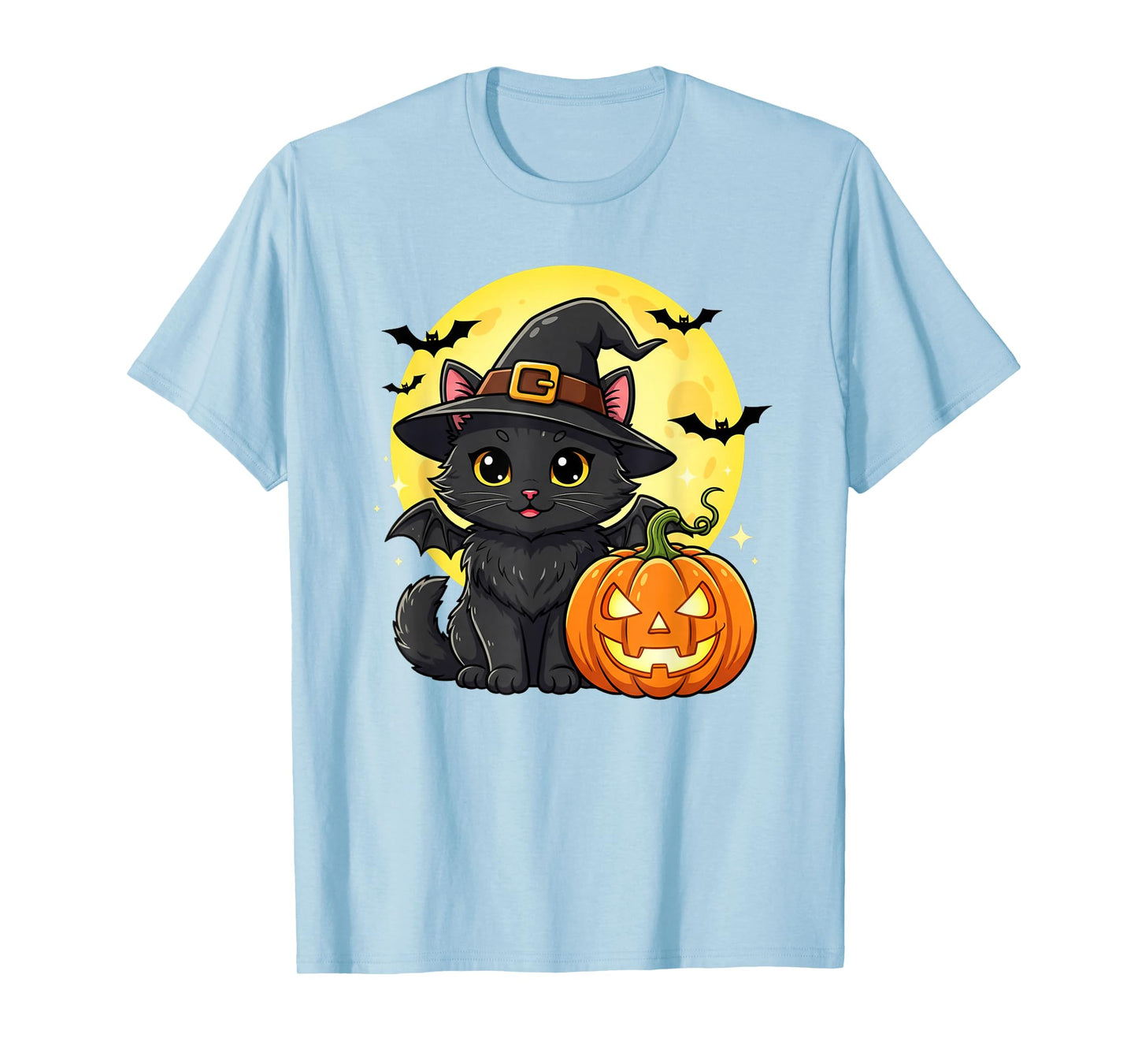 Cute cat Wearing Witch Hat with Moon and Bats Halloween Bat T-Shirt