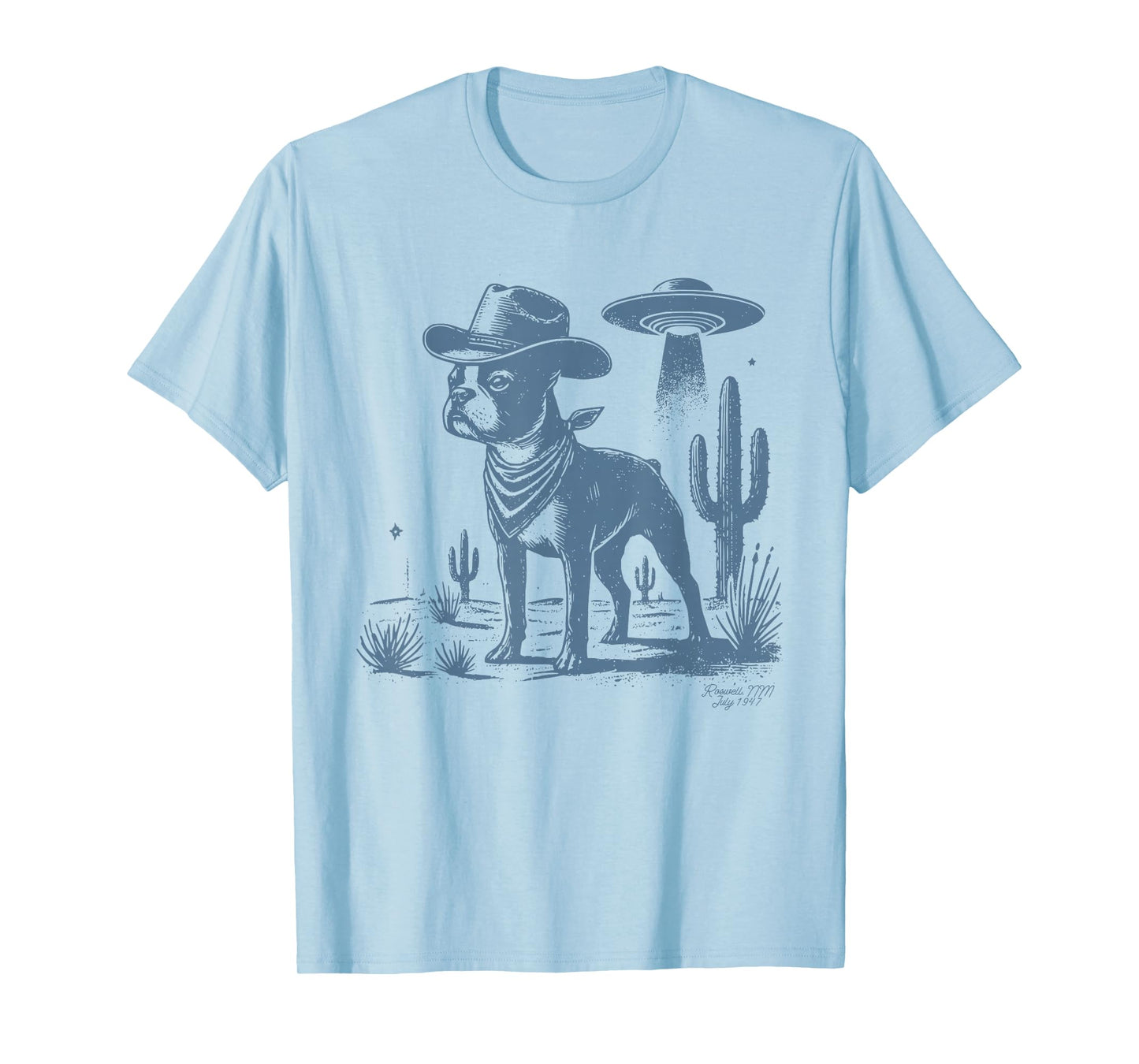 Boston Terrier UFO Cowboy Dog, Dog Mom, Dog Dad, Alien Dog T-Shirt