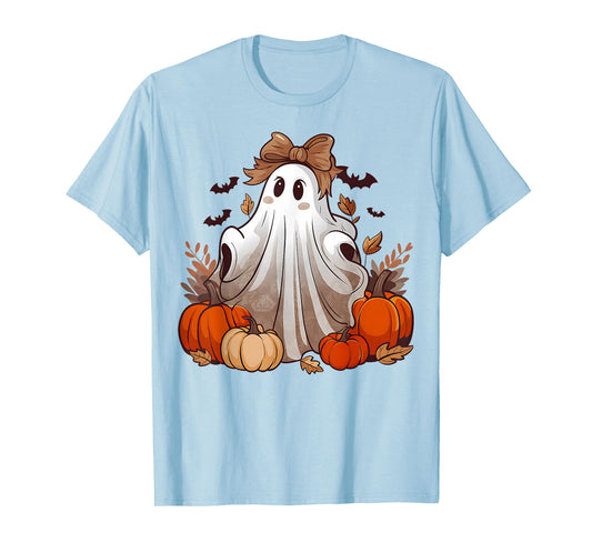 Fall Pumpkin Bowtie Ghost Halloween Costume Boo Girls Women T-Shirt