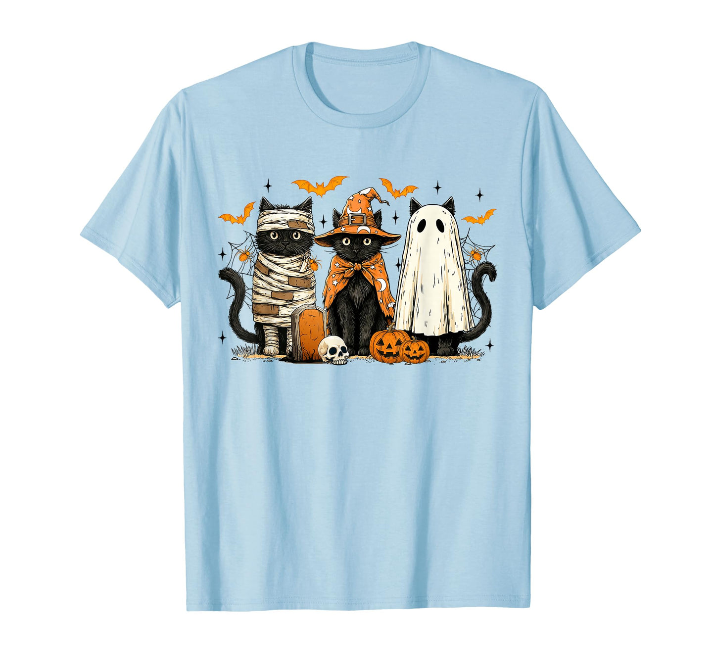 Retro Black Cat Witch Scary Halloween Pumpkin Women Men Kids T-Shirt