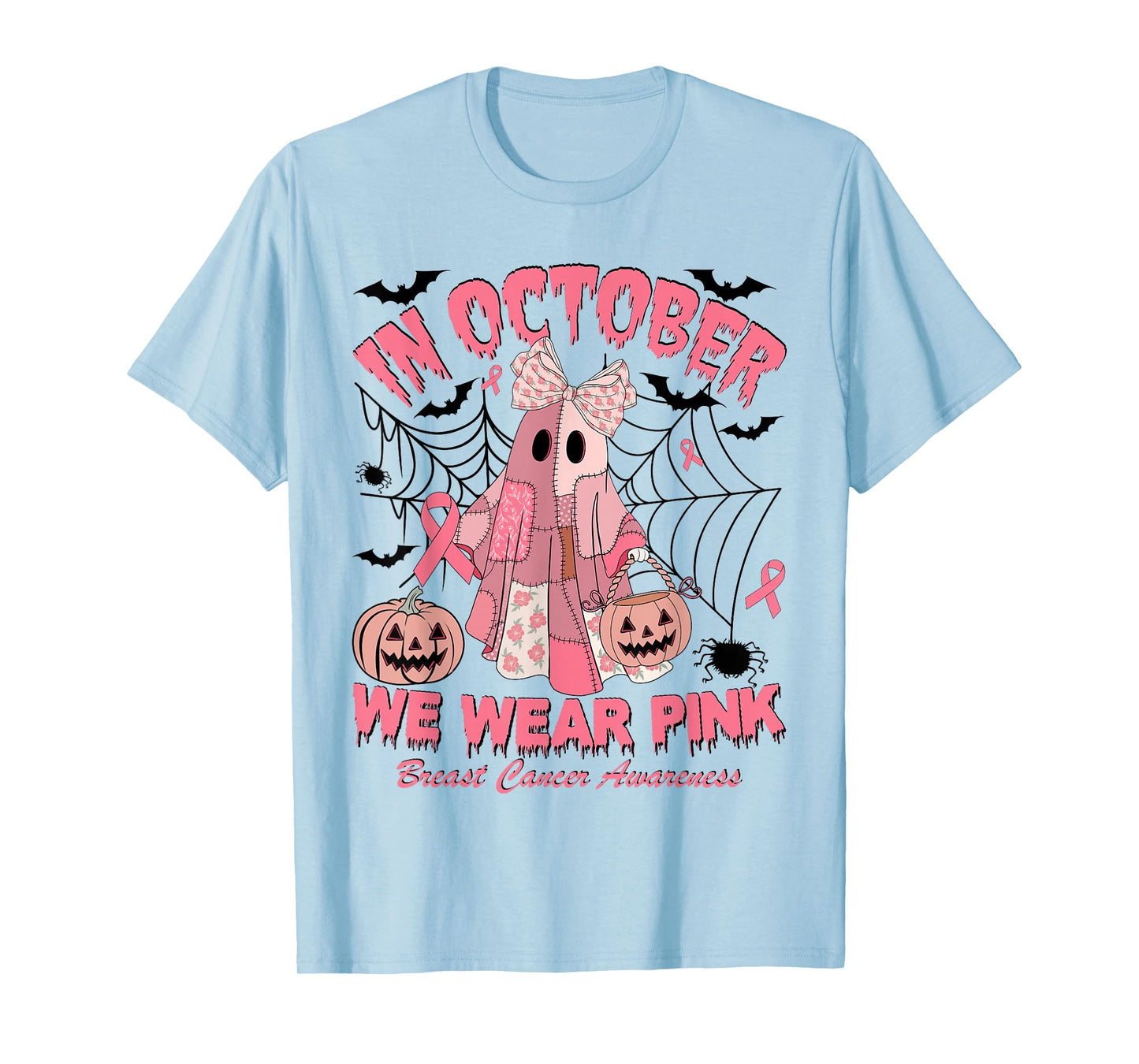 in October We Wear Pink Ghost Witch Breast Cancer Awareness T-Shirt