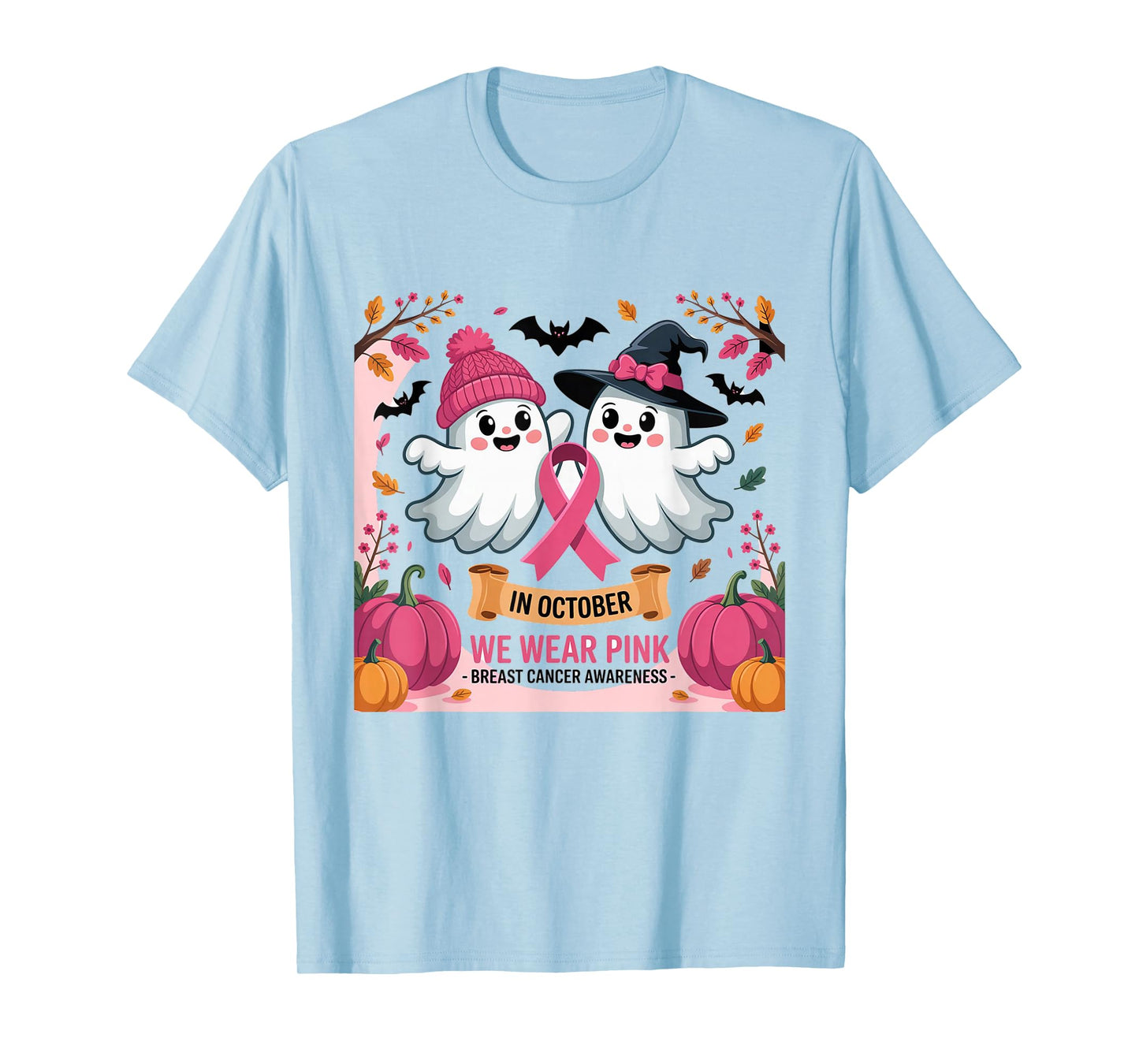 in October We Wear Pink Ghost Witch Breast Cancer Awareness T-Shirt