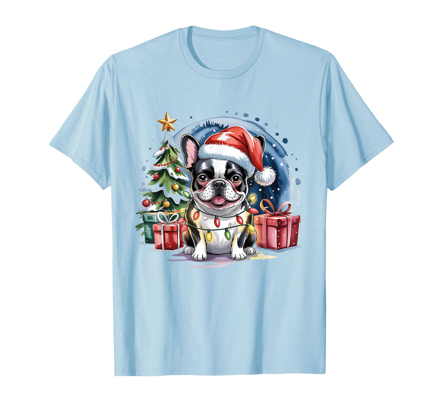 Cute Festive French Bulldog Christmas Santa Hat and Lights T-Shirt
