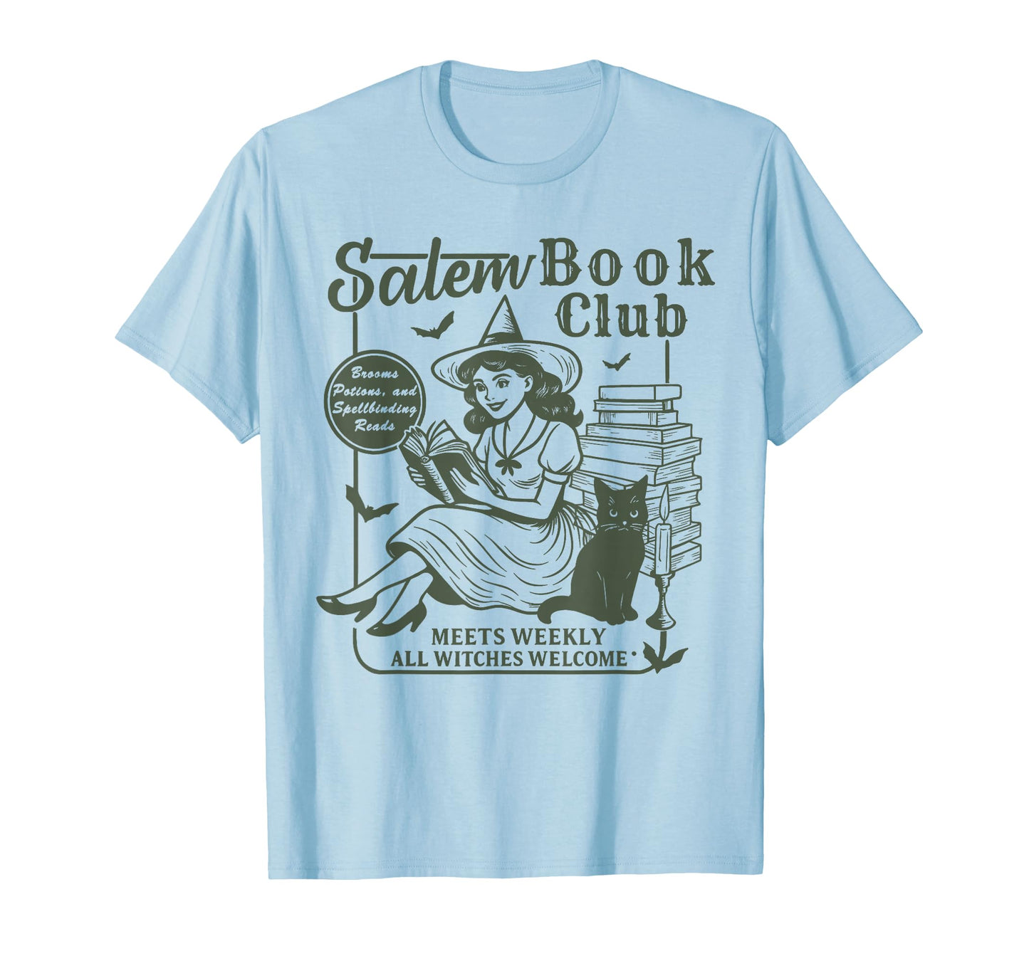 Vintage Salem Book Club Witch Reading Black Cat Halloween T-Shirt