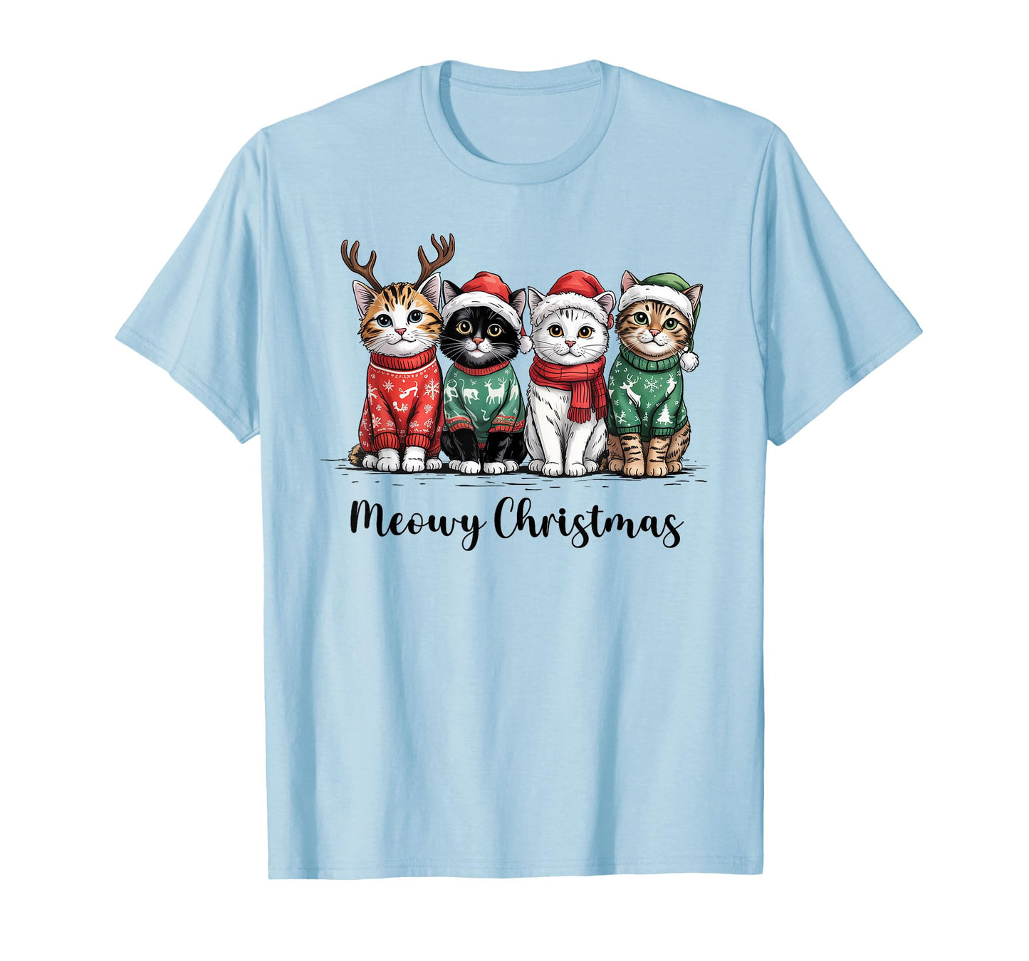 Meowy Christmas Cat Ugly Christmas Cat Reindeer Santa Xmas T-Shirt