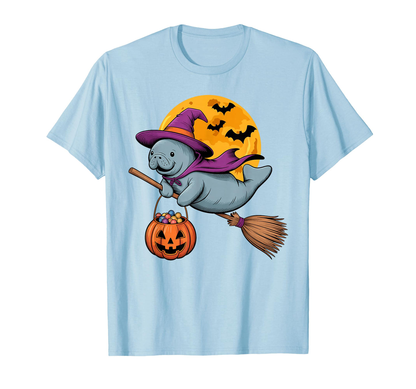 Cute Manatee Witch Broom Funny Sea Cow Halloween Costume T-Shirt