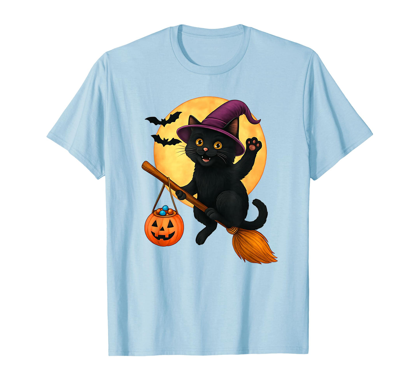 Black Cat Witch Hat Pumpkin Halloween Costume Men Women Kids T-Shirt