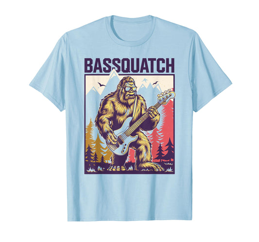 C.J.'s Cryptid Sasquatch Bigfoot Bass Guitar Gifts Bassquatch, Bigfoot Bass Guitar Sasquatch Adult Men's Yellow Cartoon Bigfoot Themed T-Shirt