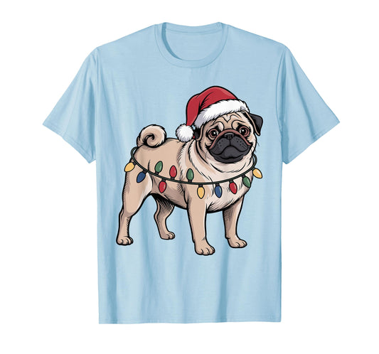 Funny Pug Christmas Santa Hat Xmas Lights T-Shirt