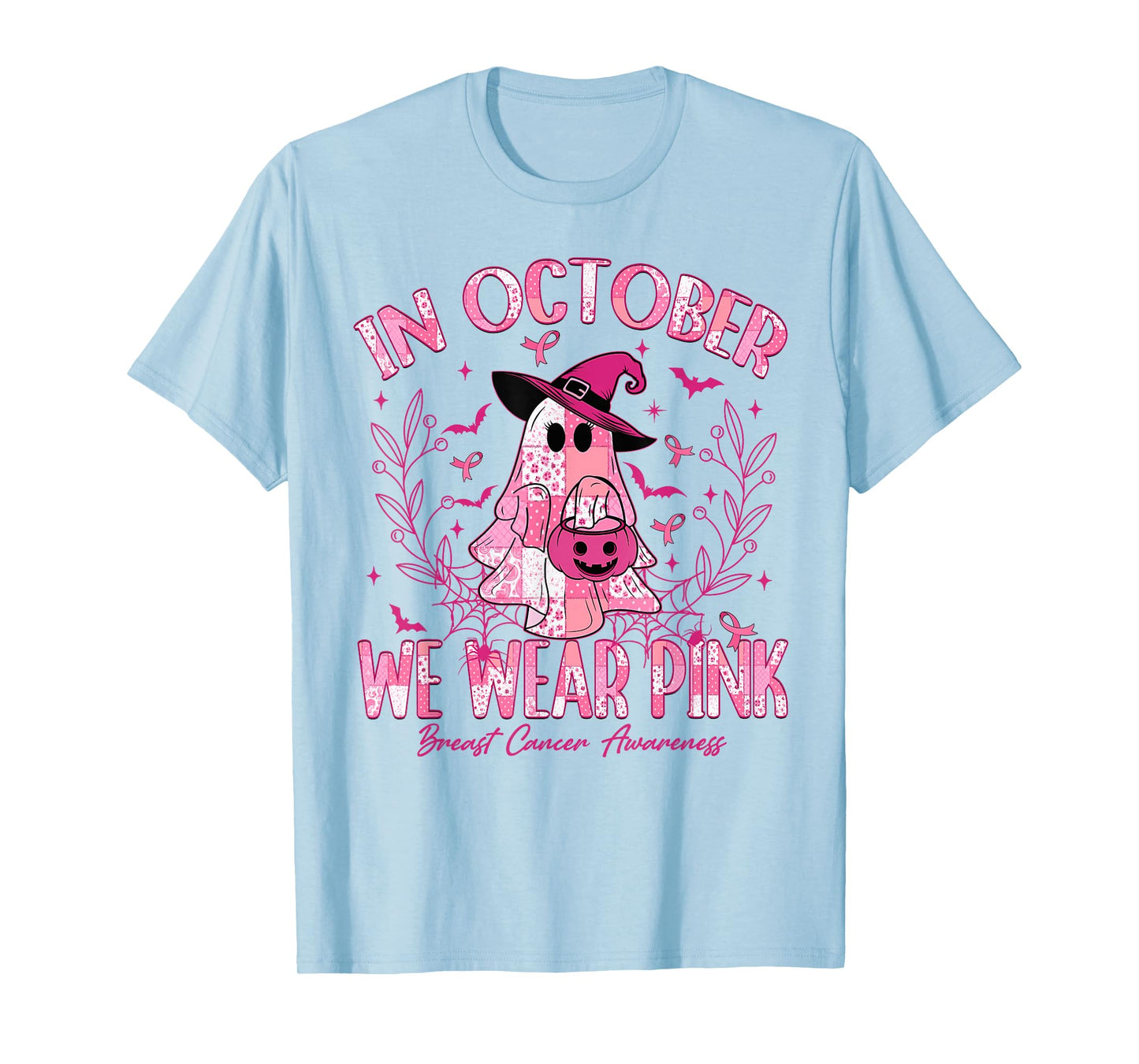 in October We Wear Pink Ghost Witch Breast Cancer Awareness T-Shirt