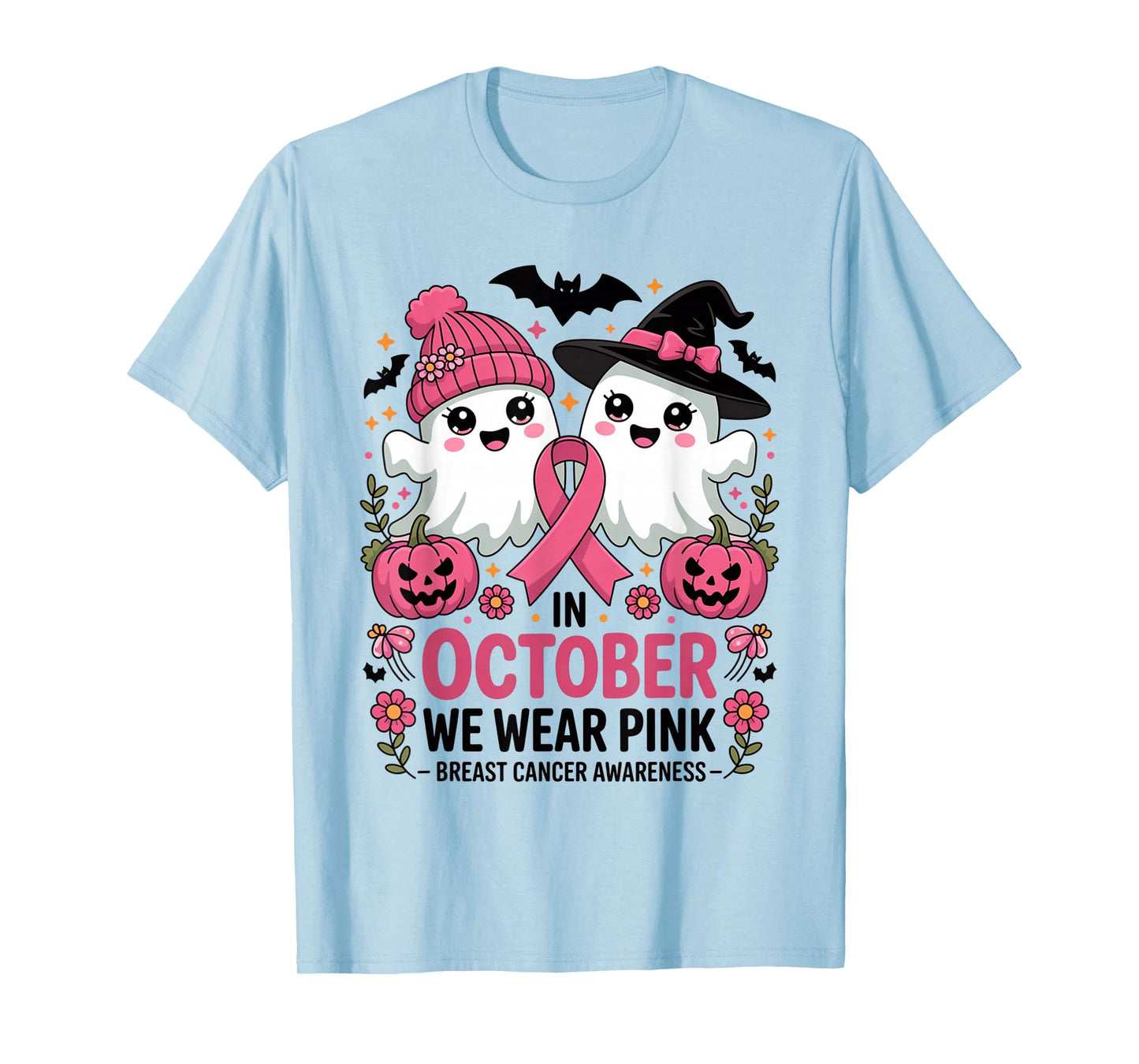 in October We Wear Pink Ghost Witch Breast Cancer Awareness T-Shirt