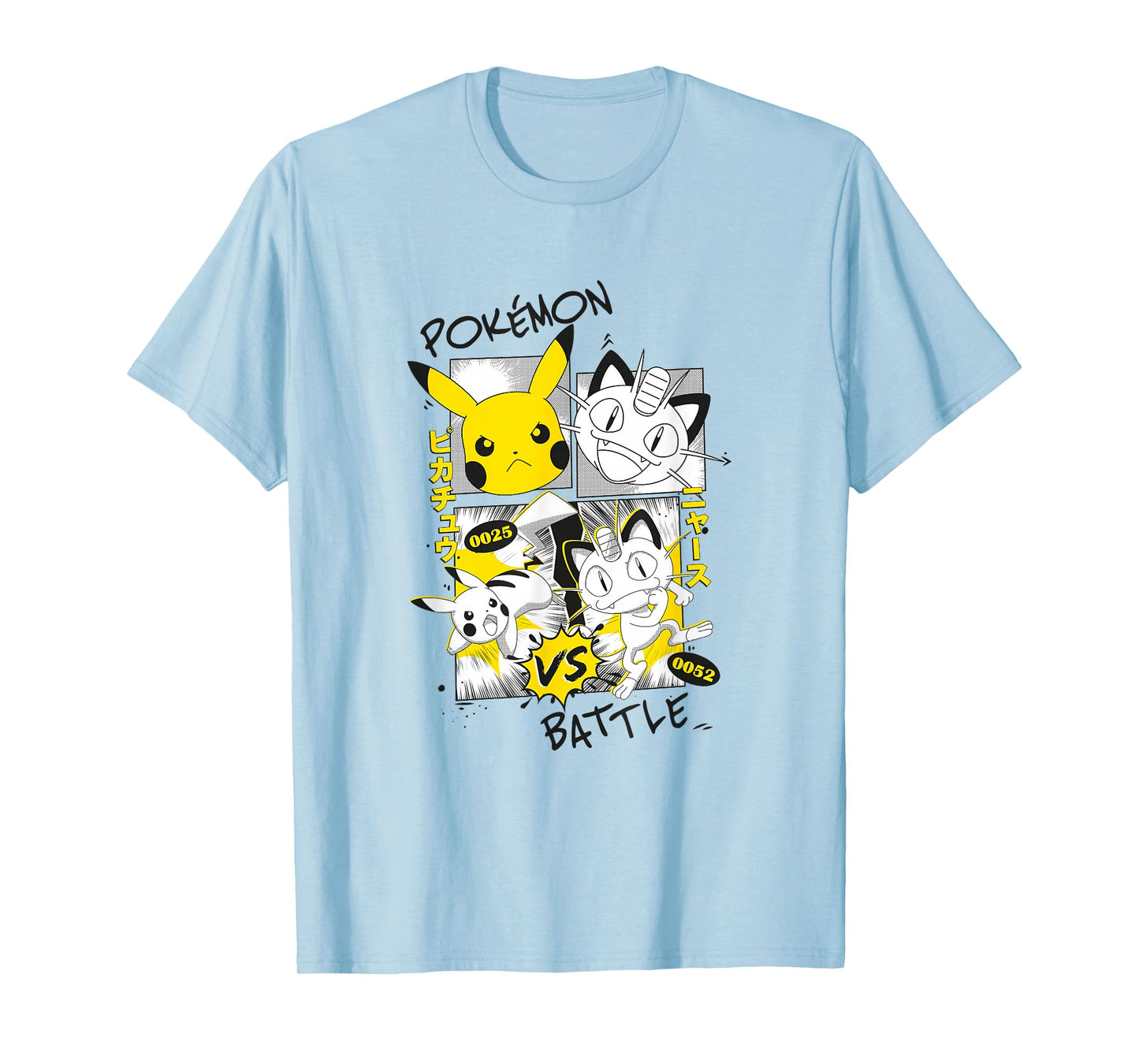 Pokémon Pikachu Vs Meowth Retro Panels Kanji Big Chest T-Shirt