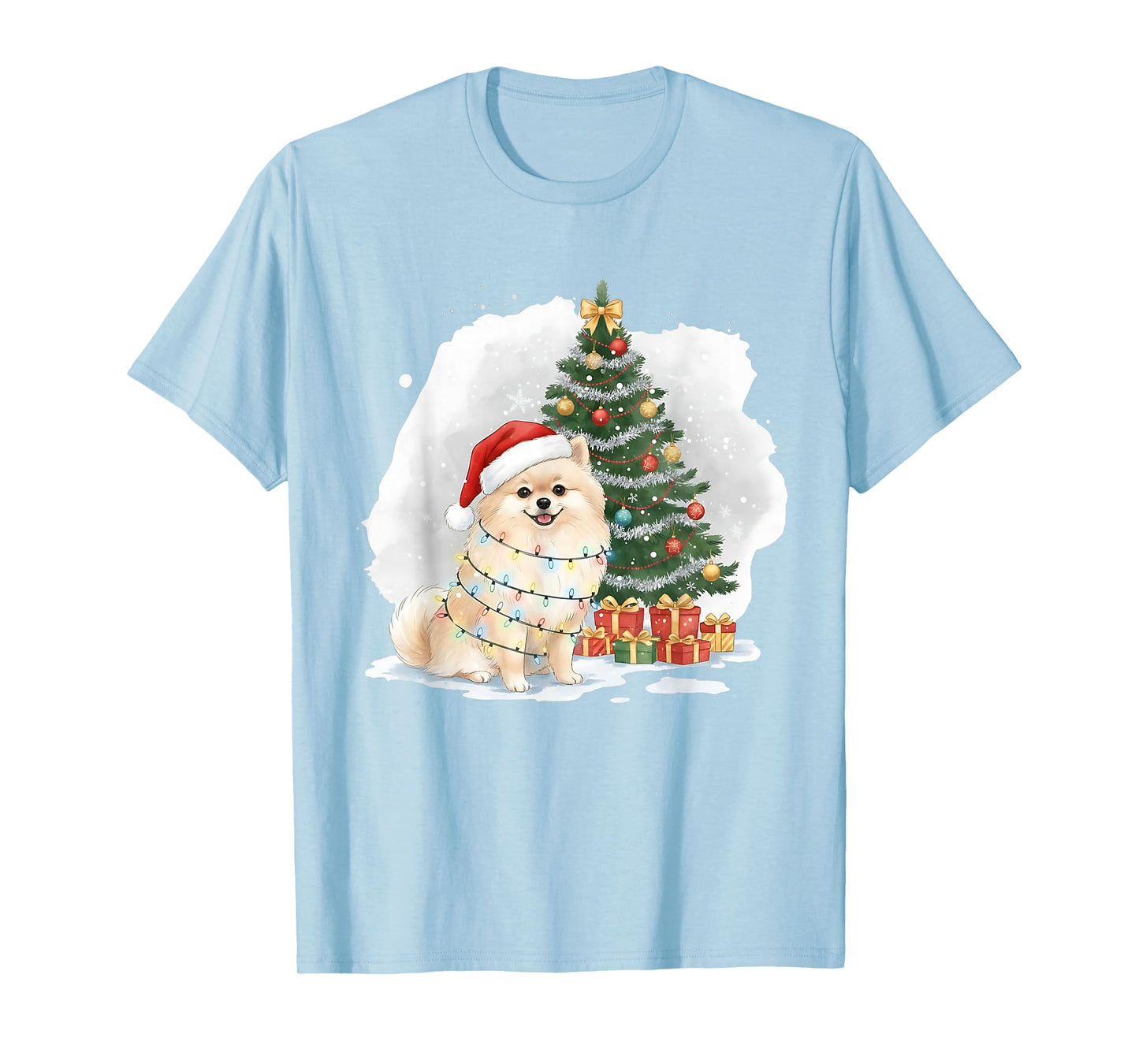 Cute Santa Pomeranian Dog Tangled in Christmas Lights Winter T-Shirt