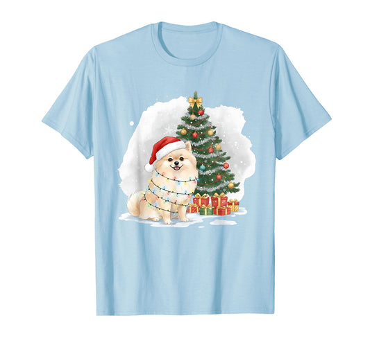 Cute Santa Pomeranian Dog Tangled in Christmas Lights Winter T-Shirt